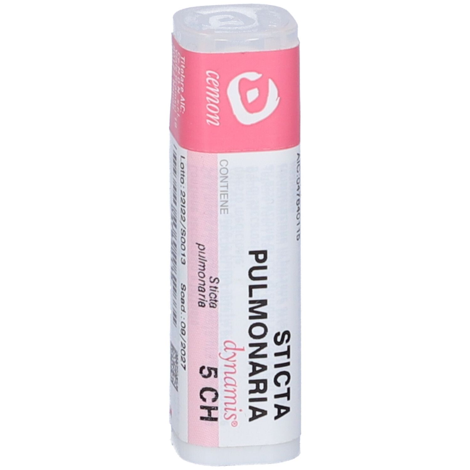 Confezione cilindrica con etichette rosa e bianche. Scritte: Sticta Pulmonaria 5 CH, dynamis.