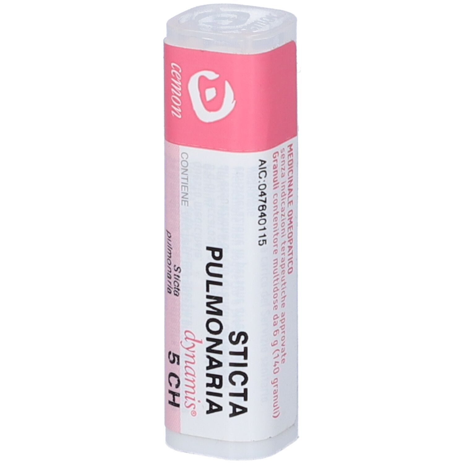 Confezione cilindrica con etichette rosa e bianche. Scritte: Sticta Pulmonaria 5 CH, dynamis.