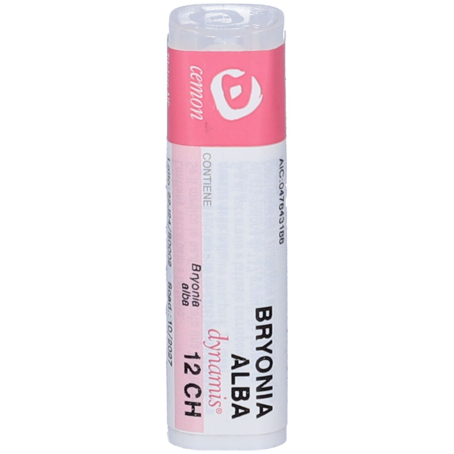 Confezione cilindrica con etichetta rosa. Scritte: Bryonia alba 12 CH. Contiene granuli.