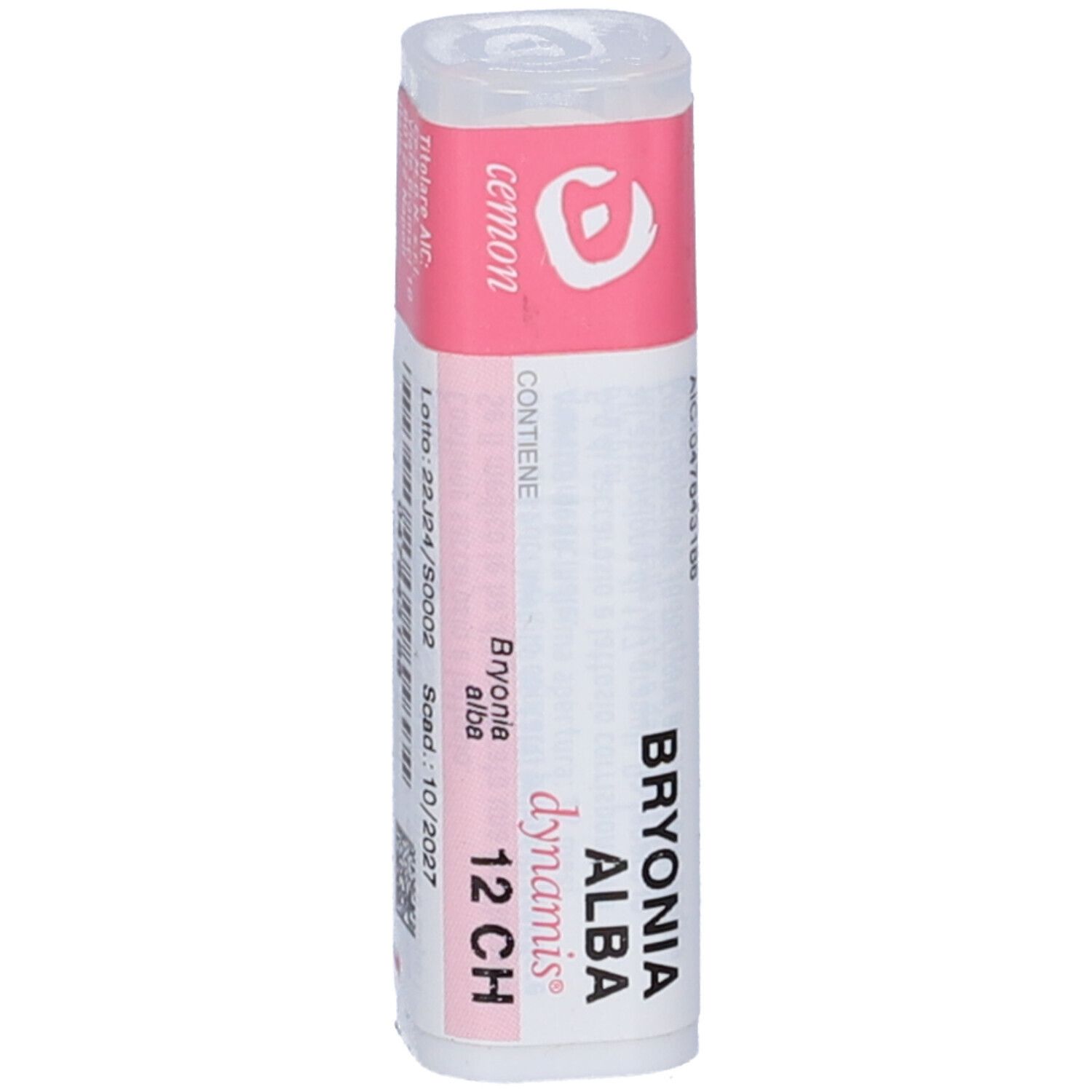 Confezione cilindrica con etichetta rosa. Scritte: Bryonia alba 12 CH. Contiene granuli.