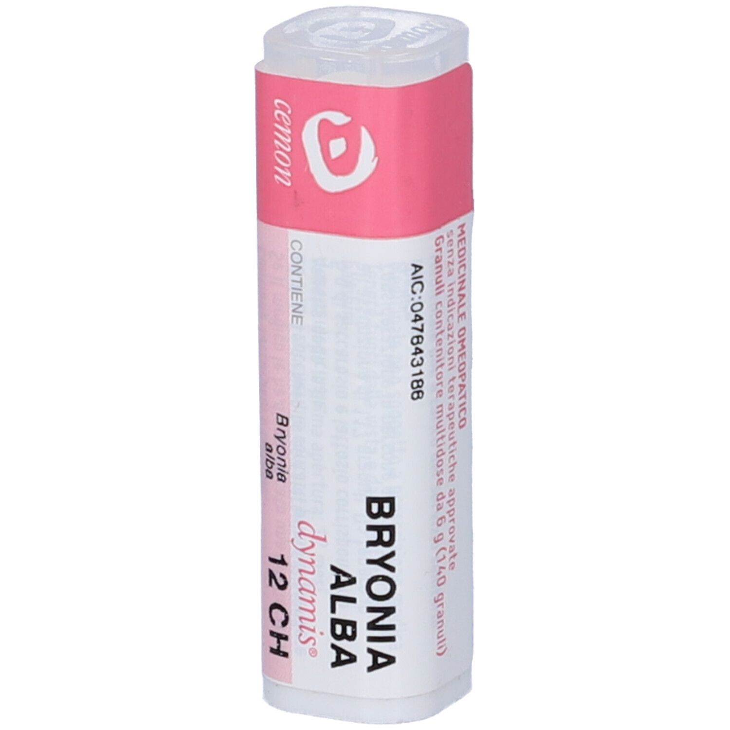 Confezione cilindrica con etichetta rosa. Scritte: Bryonia alba 12 CH. Contiene granuli.