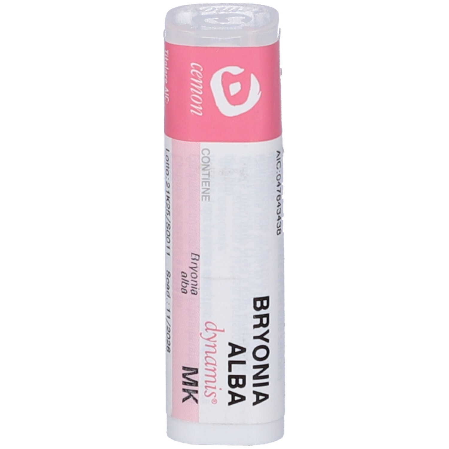 Flacone cilindrico con etichette rosa e bianche. Nome del prodotto e logo ben visibili.