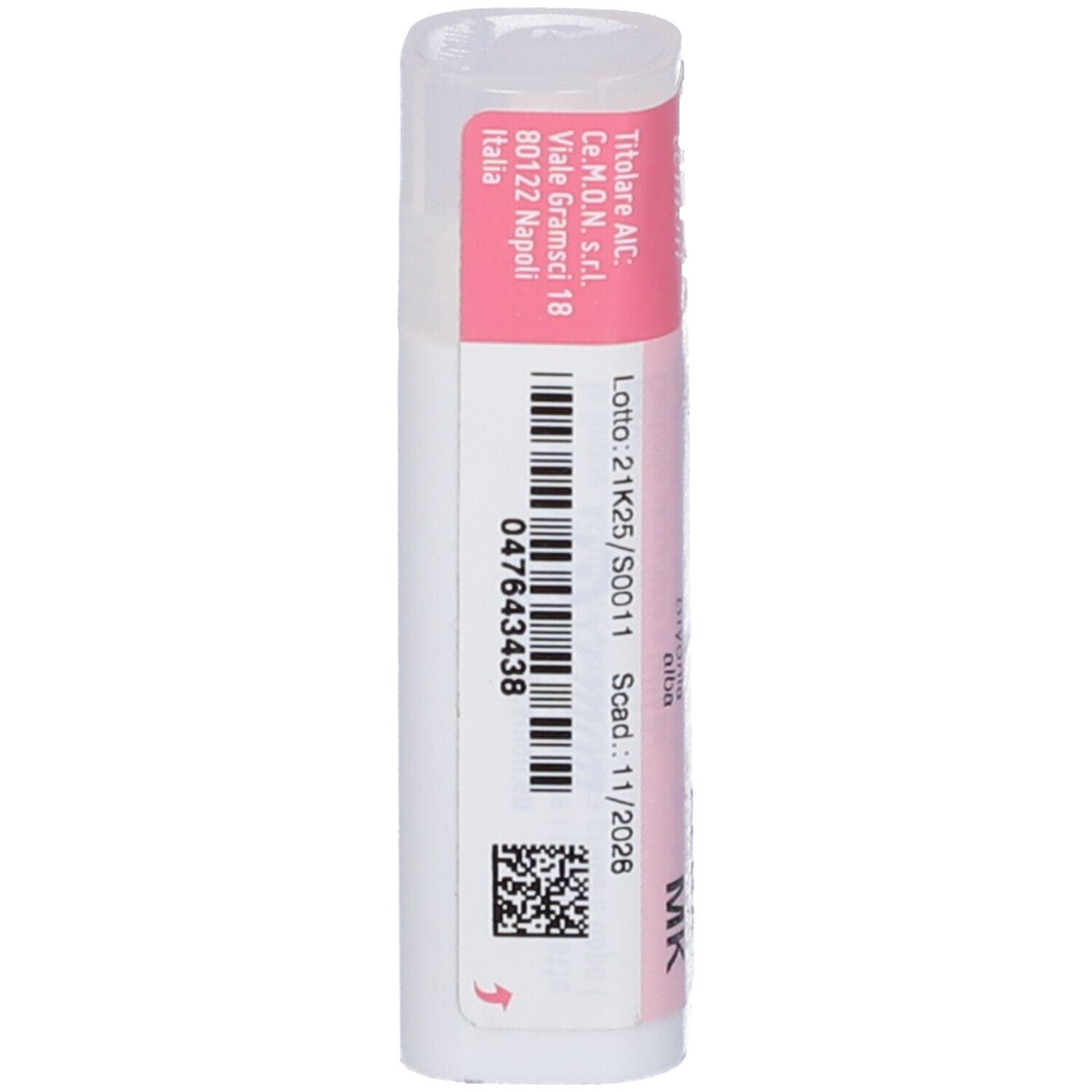 Flacone cilindrico con etichette rosa e bianche. Codice a barre e informazioni sul prodotto visibili.