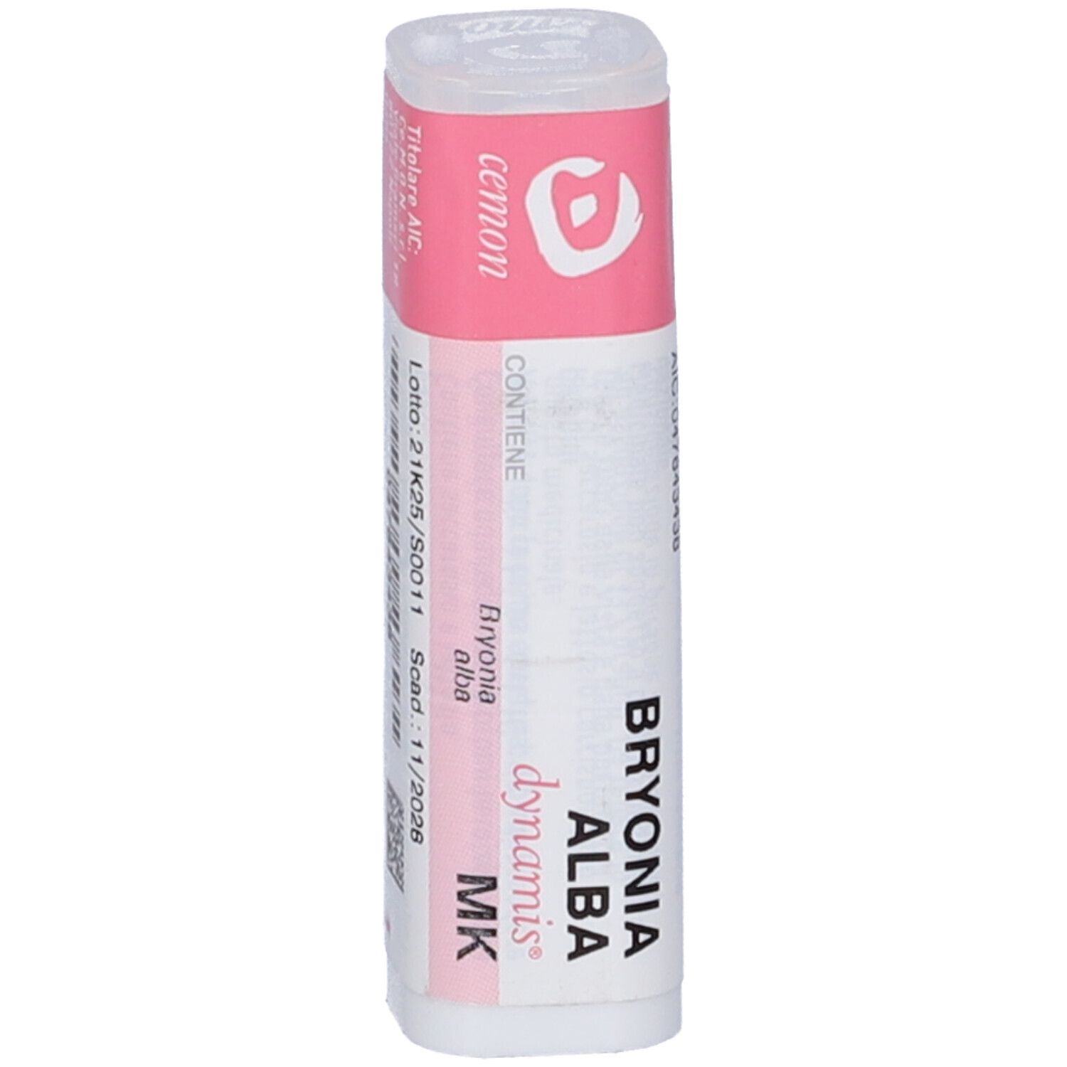 Flacone cilindrico con etichette rosa e bianche. Nome del prodotto e logo ben visibili.