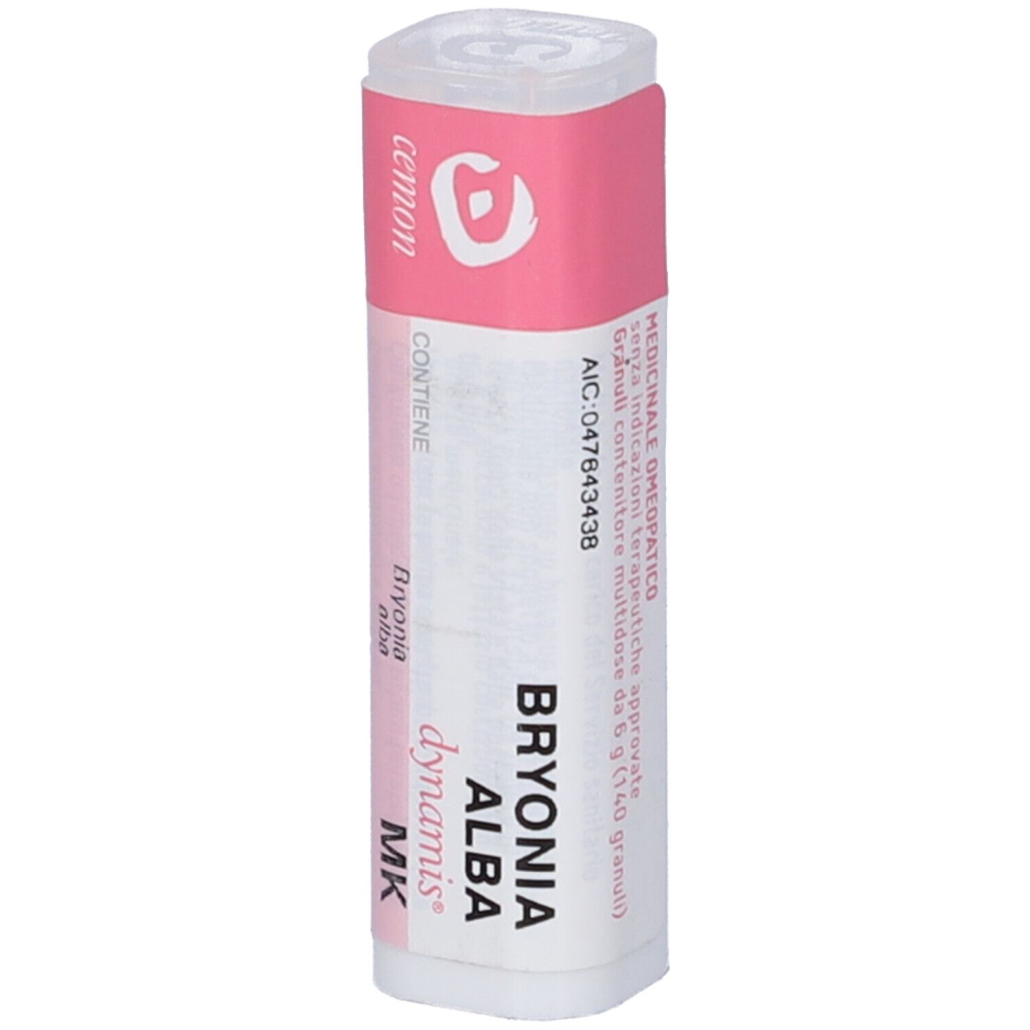 Flacone cilindrico con etichette rosa e bianche. Nome del prodotto e logo ben visibili.