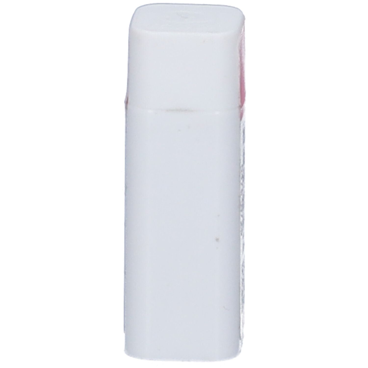 Contenitore monodose cilindrico bianco con coperchio quadrato. Etichetta rosa non visibile.