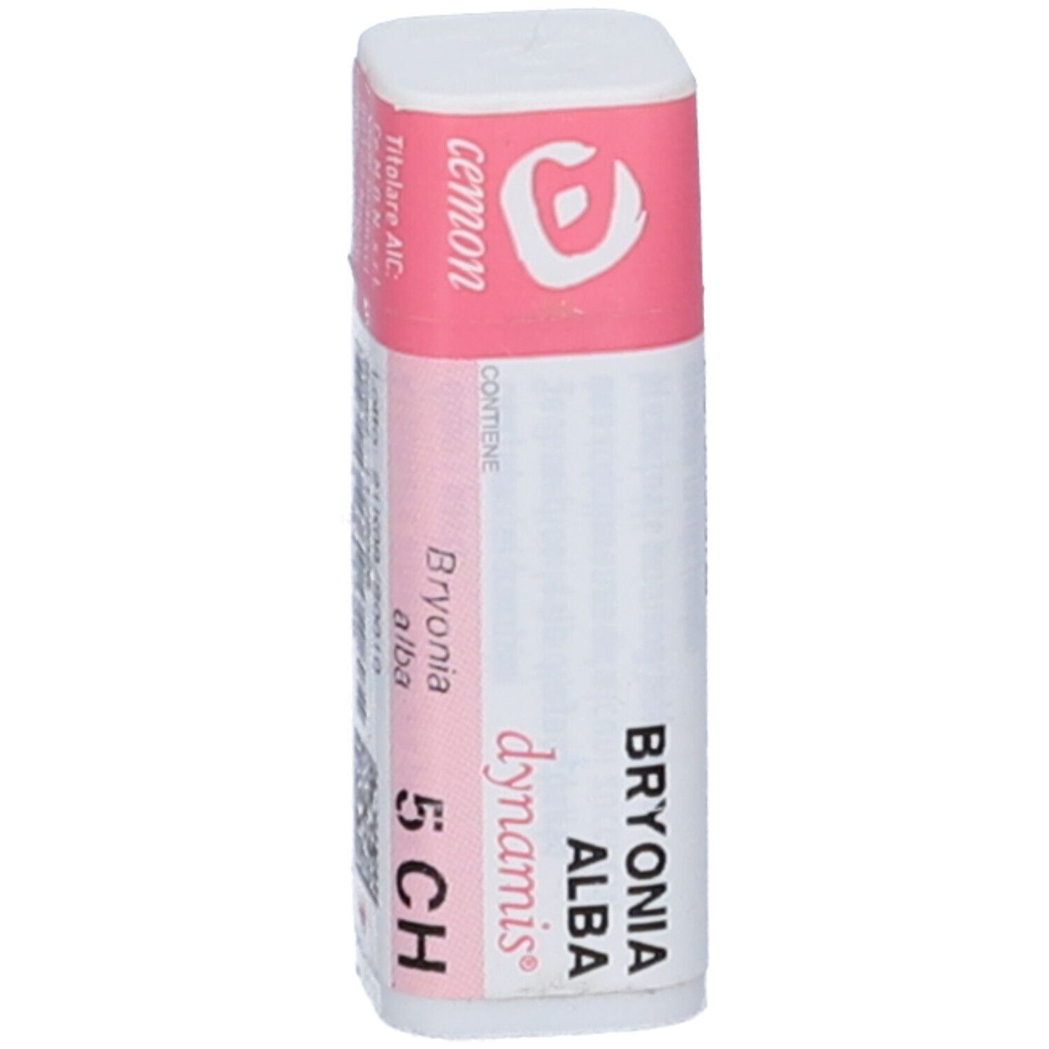 Contenitore monodose cilindrico. Confezione rosa e bianca con nome e logo del prodotto. Contiene Bryonia alba dynamis 5 CH.