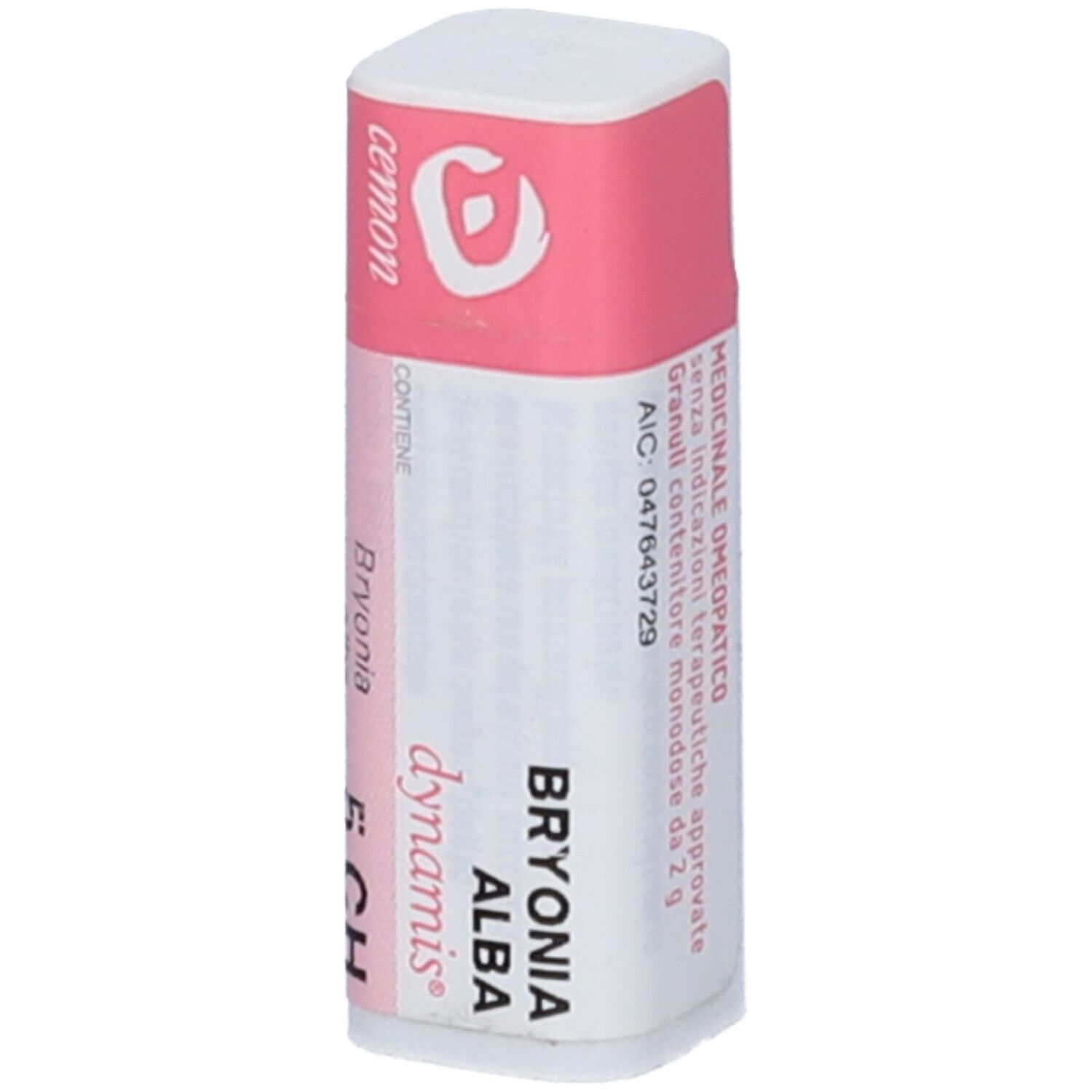 Contenitore monodose cilindrico. Confezione rosa e bianca con nome e logo del prodotto. Contiene Bryonia alba dynamis 5 CH.