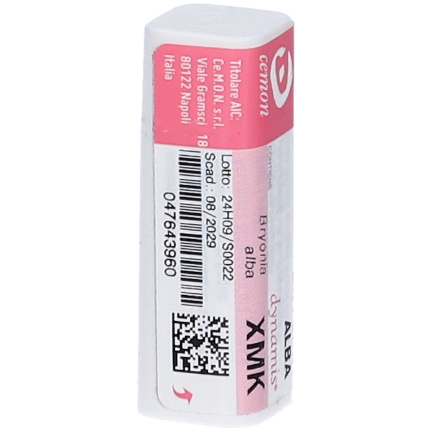 Contenitore cilindrico con etichetta rosa. Scritta: Bryonia Alba, XMK, cemon. Codice a barre e numero di lotto.