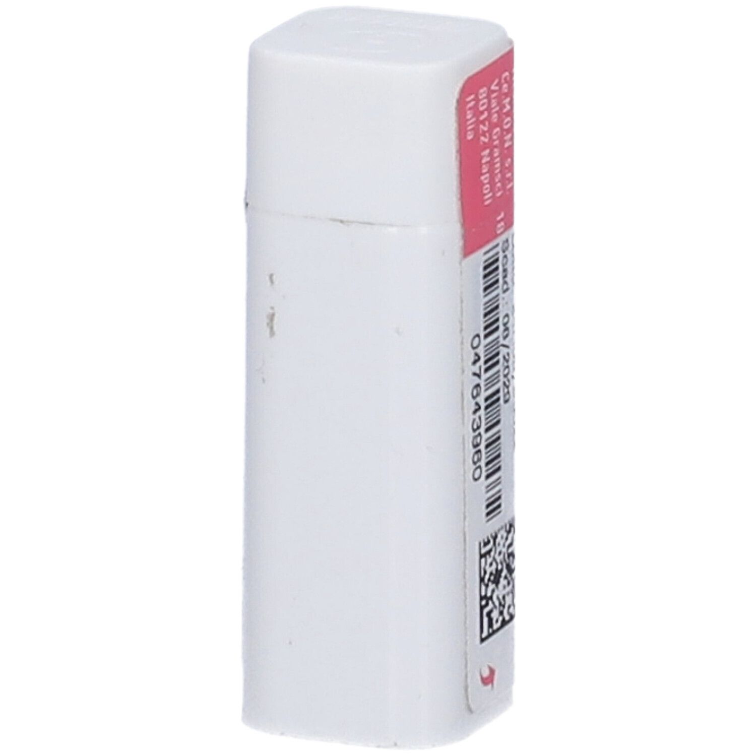 Contenitore cilindrico bianco con etichetta rosa. Codice a barre e numero di lotto visibili.