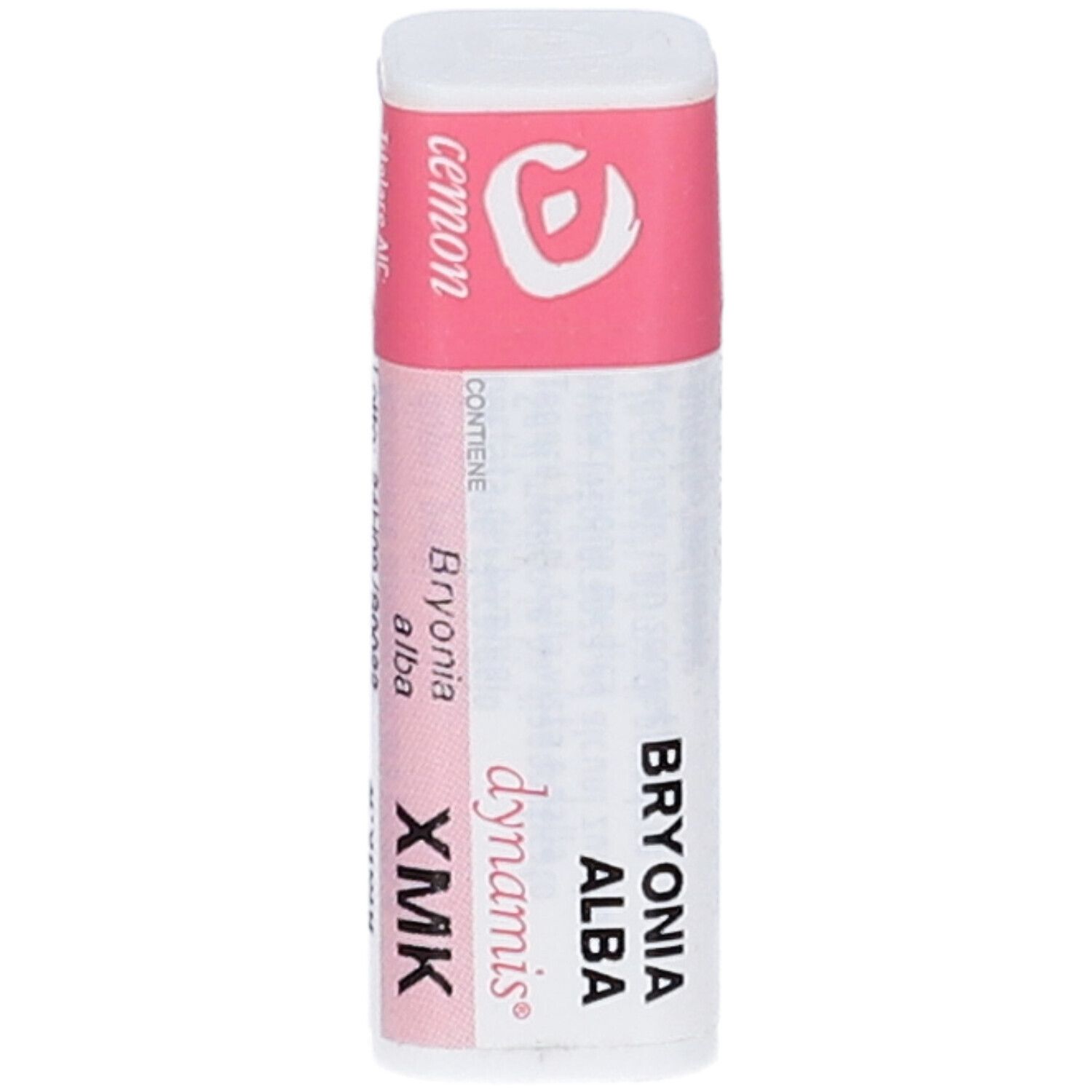 Contenitore cilindrico con etichetta rosa. Scritta: Bryonia Alba, XMK, cemon. Prodotto medico.