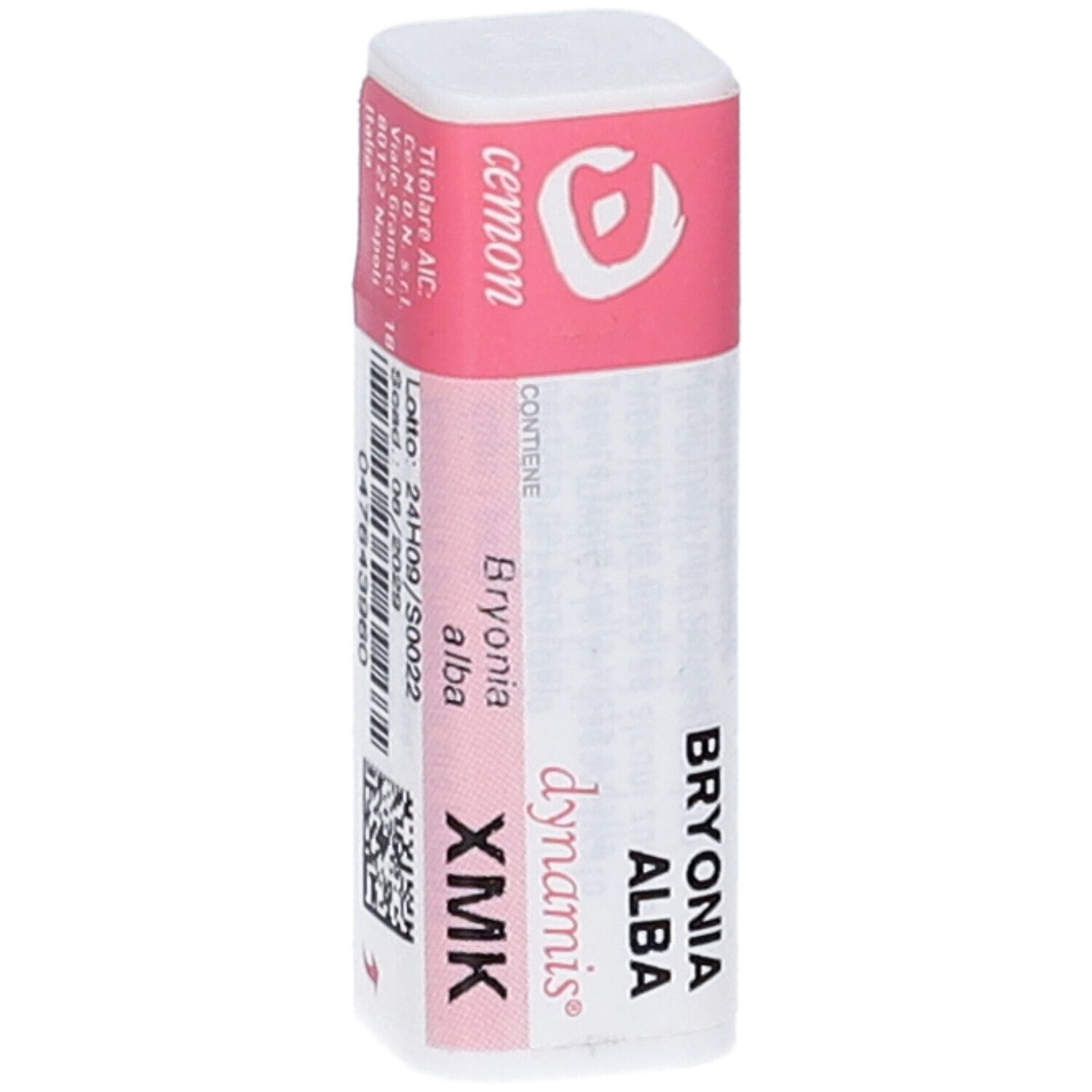 Contenitore cilindrico con etichetta rosa. Scritta: Bryonia Alba, XMK, cemon. Codice a barre e numero di lotto.