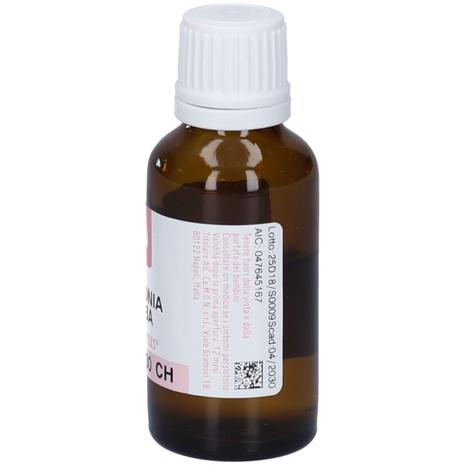 Flacone vetro marrone con tappo bianco. Etichetta con testo italiano. Nome prodotto: Bryonia Alba 30 CH.