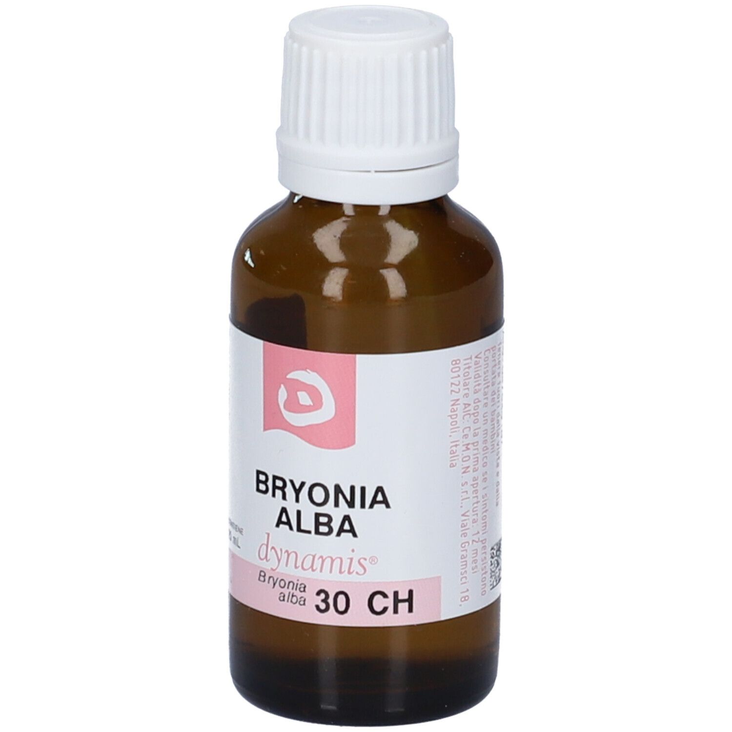 Flacone di vetro marrone con tappo bianco. Etichetta con nome del prodotto e dosaggio. 'Bryonia Alba 30 CH'.