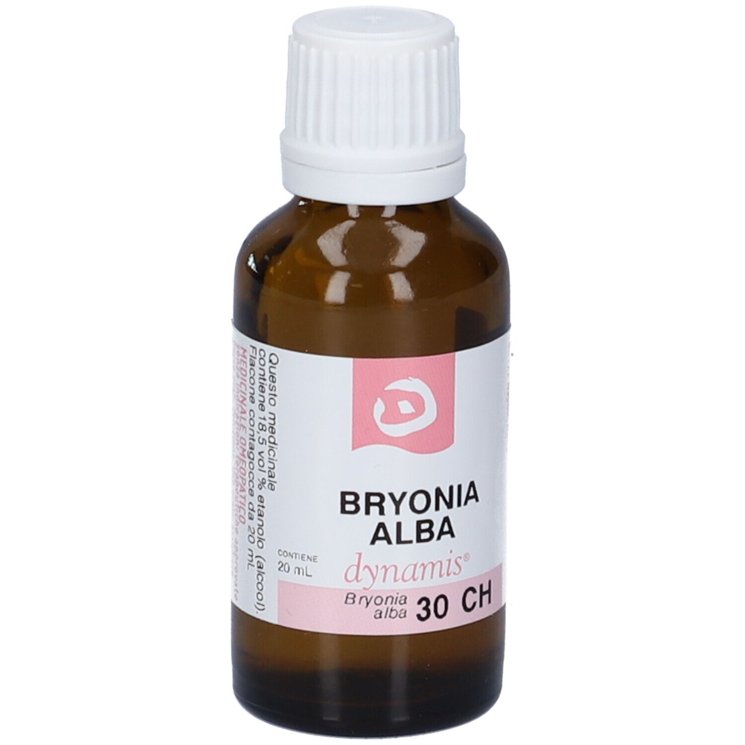 Flacone di vetro marrone con tappo bianco. Etichetta rosa con nome prodotto: Bryonia Alba 30 CH.