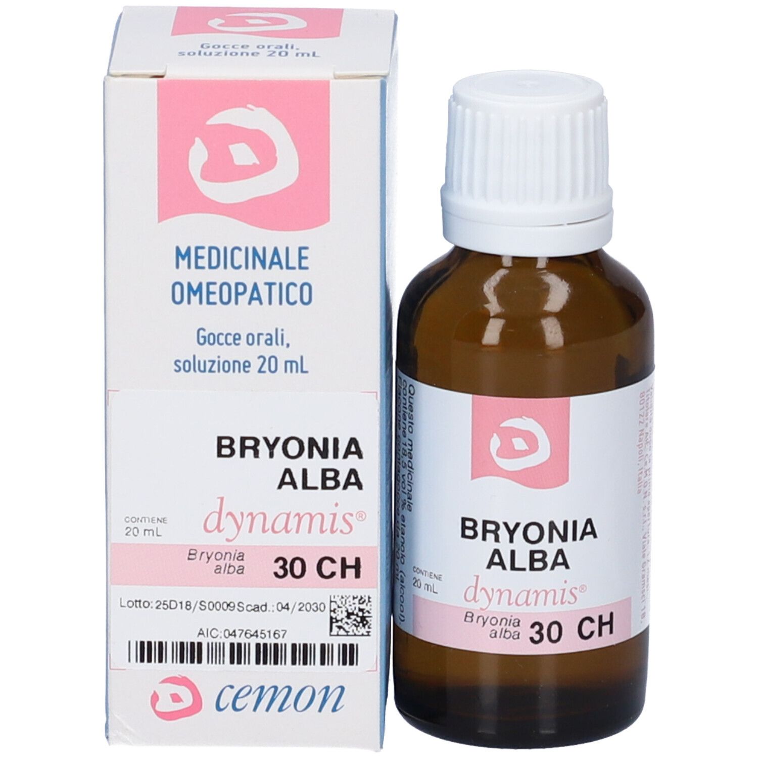 Flacone e confezione del prodotto. Flacone marrone con tappo bianco. Confezione con nome del prodotto e dosaggio.