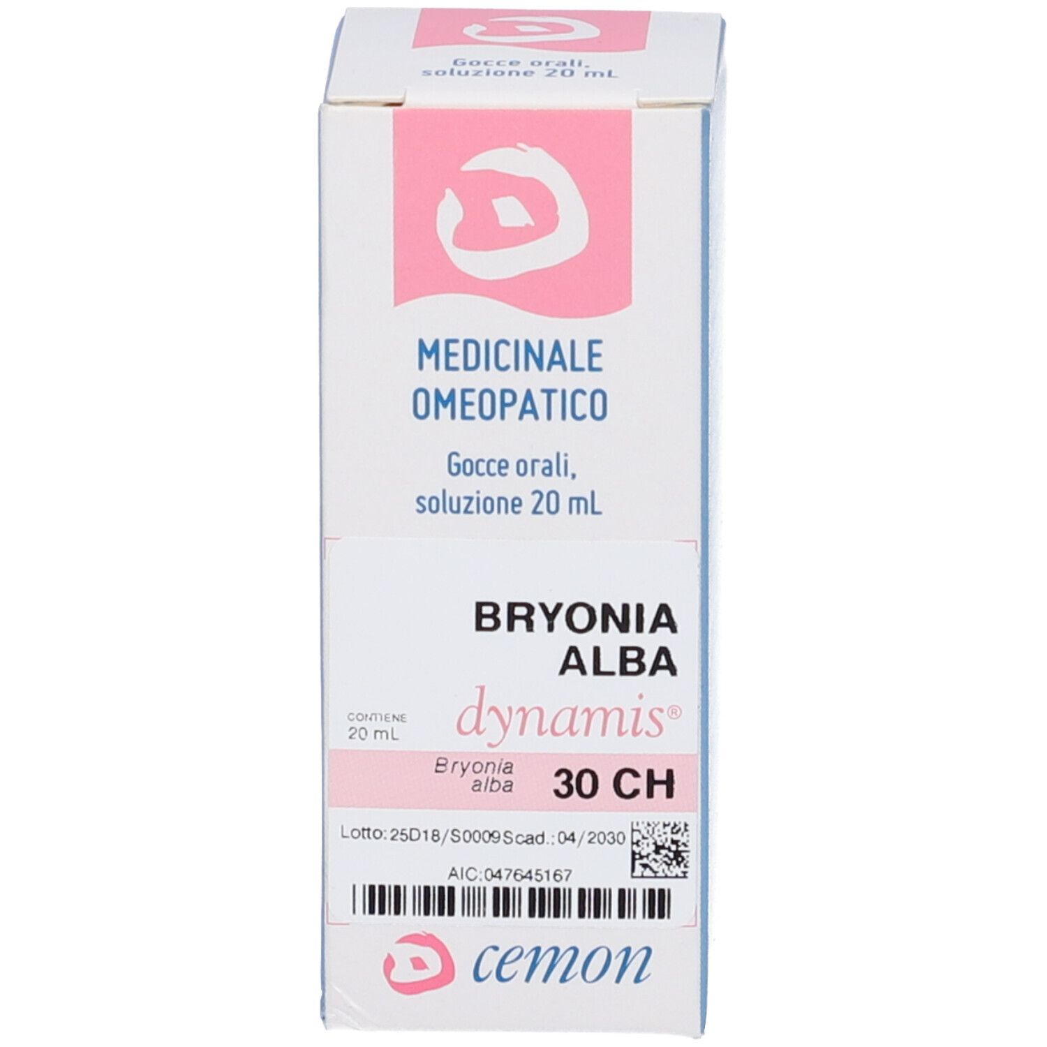 Confezione del prodotto. Scatola bianca con nome del prodotto e dosaggio. 'Bryonia Alba 30 CH'.