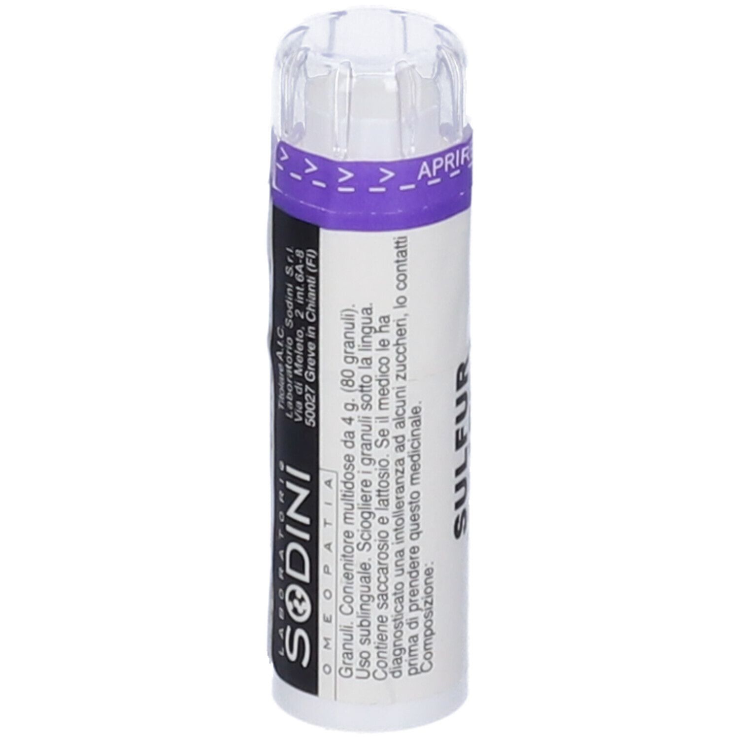 Flacone cilindrico con etichetta bianca e fascia viola. Scritta: SODINI. Contiene 80 granuli. Coperchio trasparente.