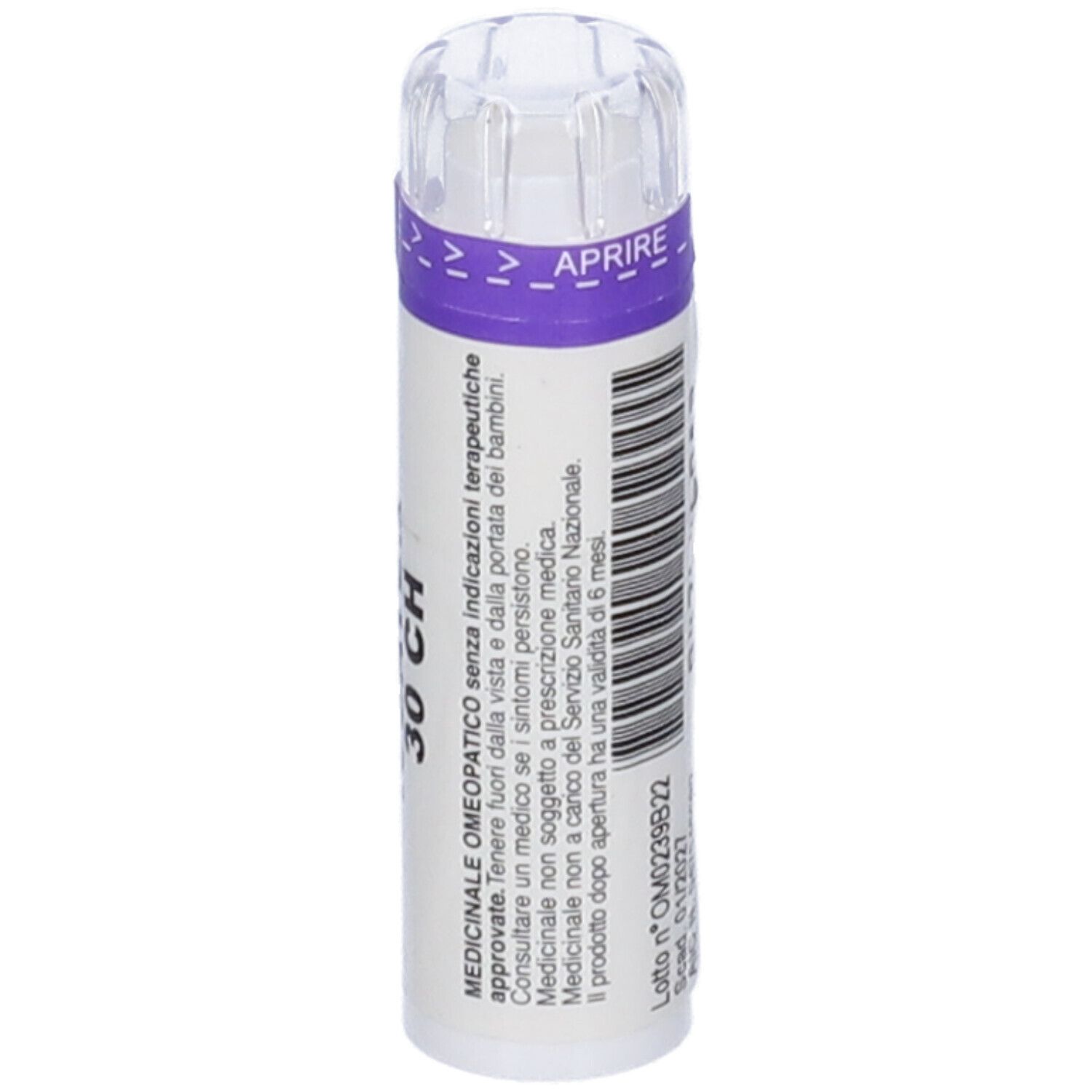 Flacone cilindrico con etichetta bianca e fascia viola. Scritta: 30 CH. Coperchio trasparente. Retro con codice a barre.
