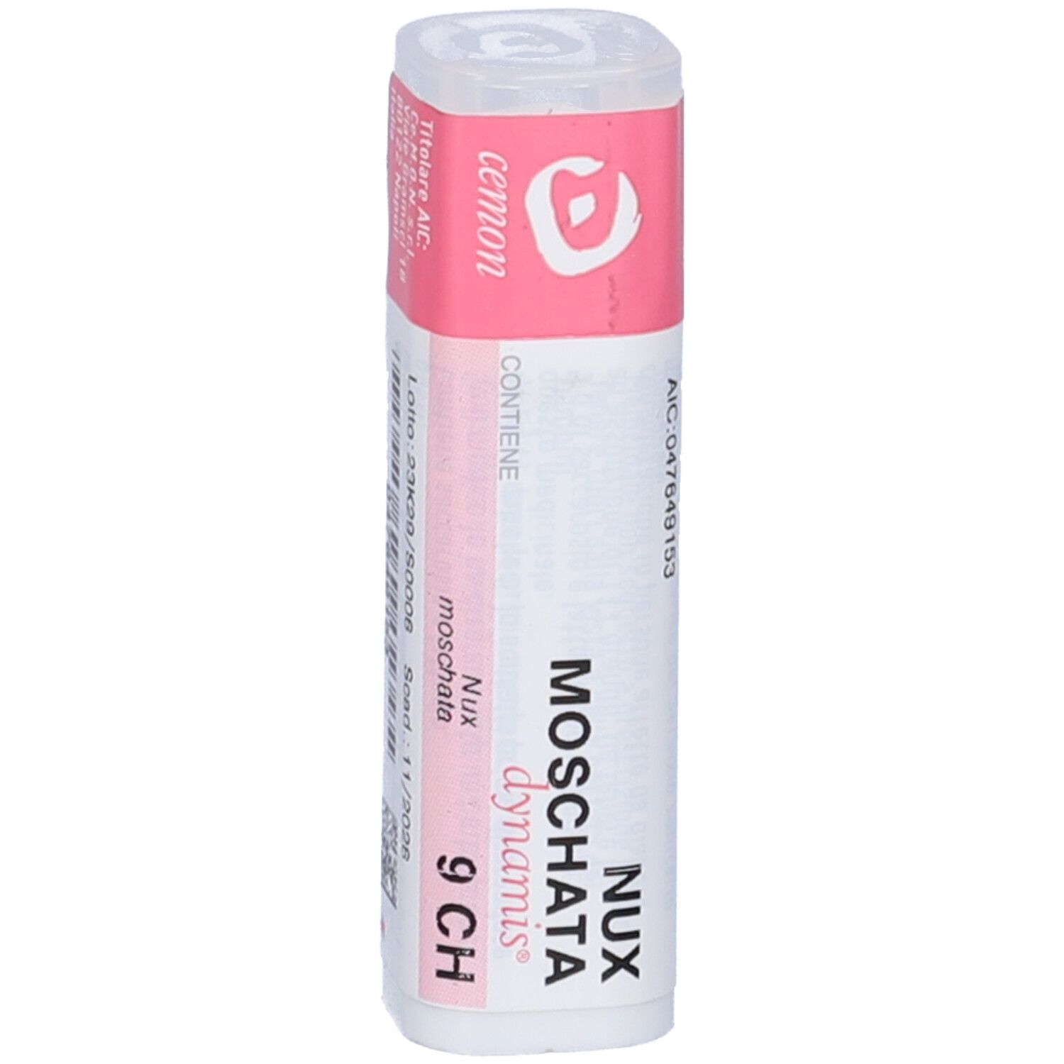 Confezione cilindrica con etichetta rosa. Testo: Nux Moschata dynamis 9 CH. AIC-047649153.