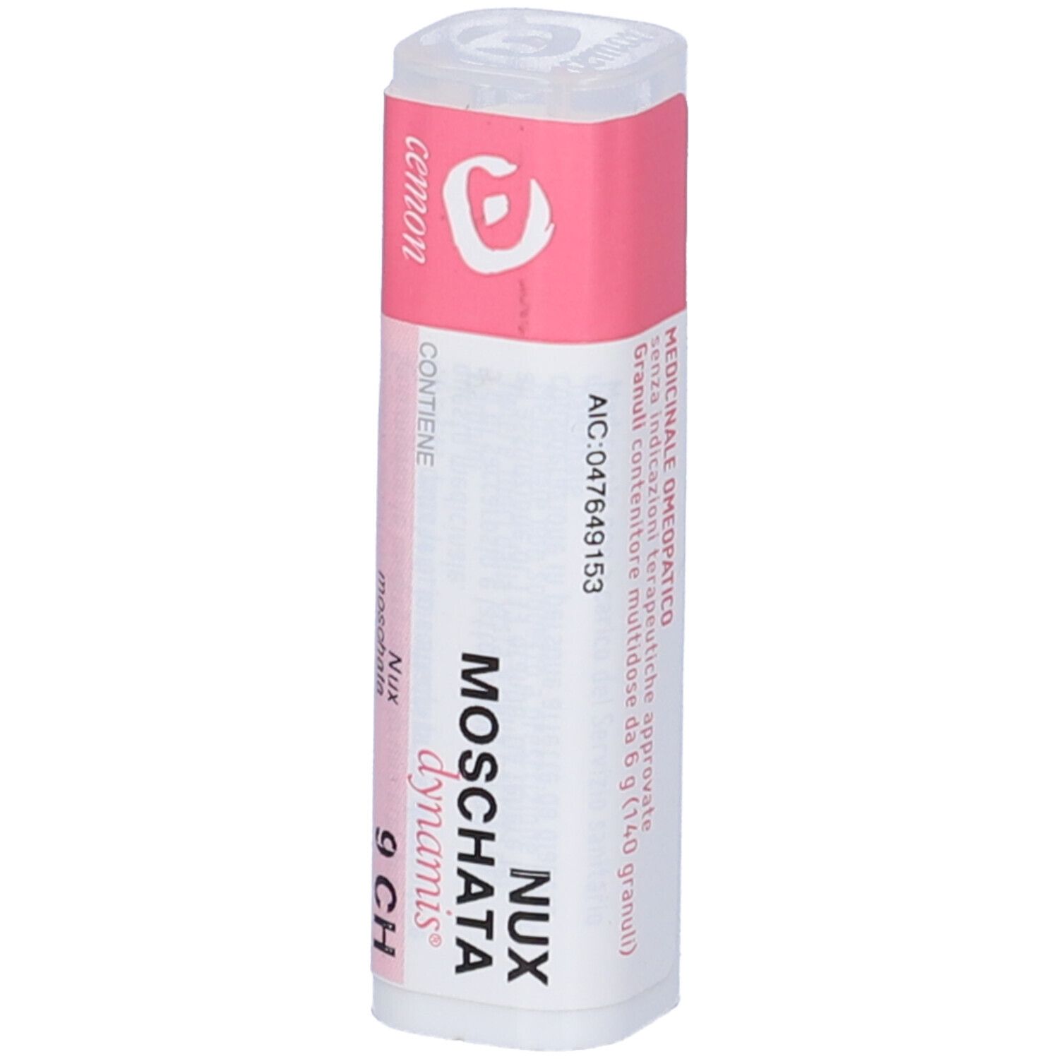 Confezione cilindrica con etichetta rosa. Testo: Nux Moschata dynamis 9 CH. AIC-047649153. 140 Granuli.