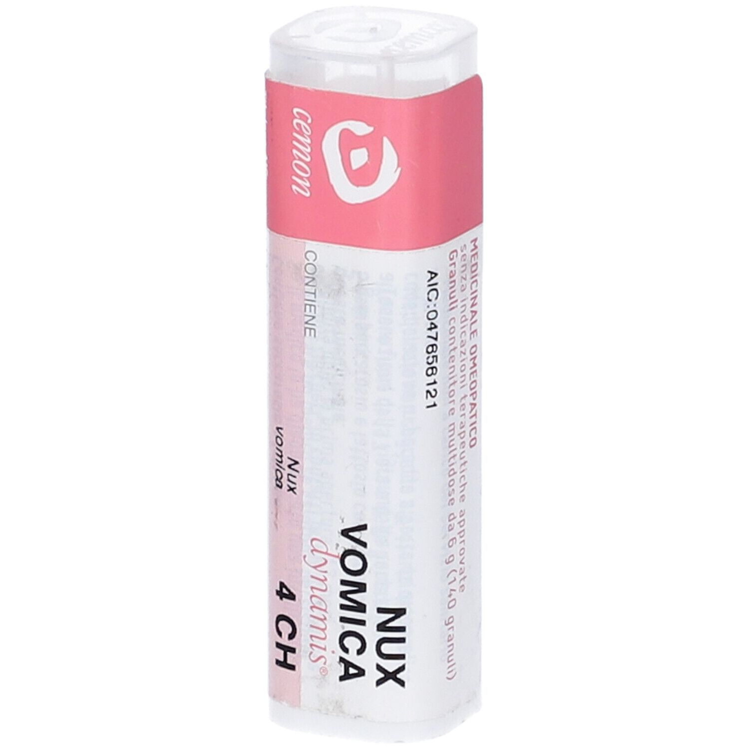 Flacone bianco con etichetta rosa. Scritte: Nux Vomica dynamis 4 CH. Sopra bianco. Testo: Medicinale omeopatico.