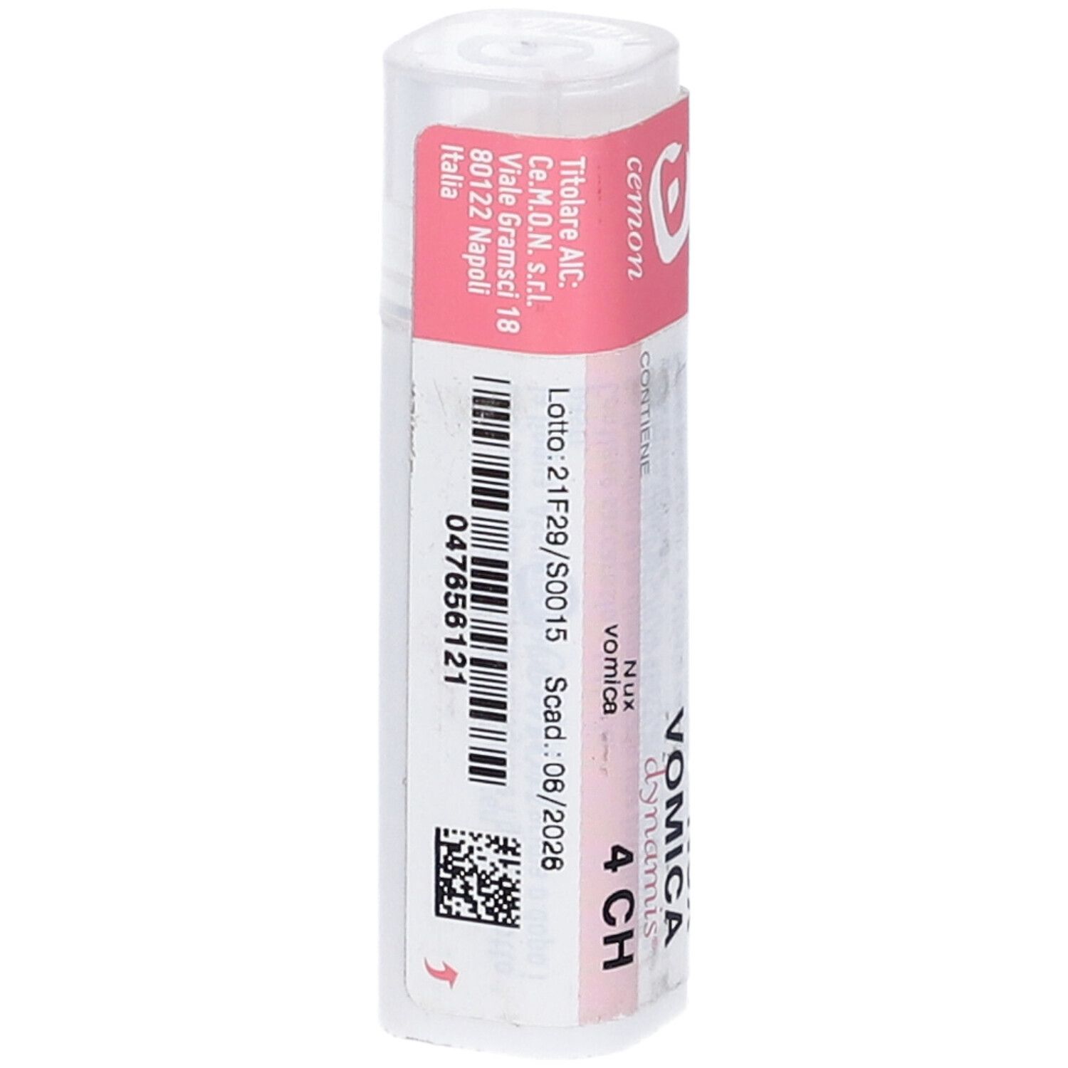 Flacone bianco con etichetta rosa. Scritte: Nux Vomica dynamis 4 CH. Codice a barre e testo. Scadenza 06/2026.