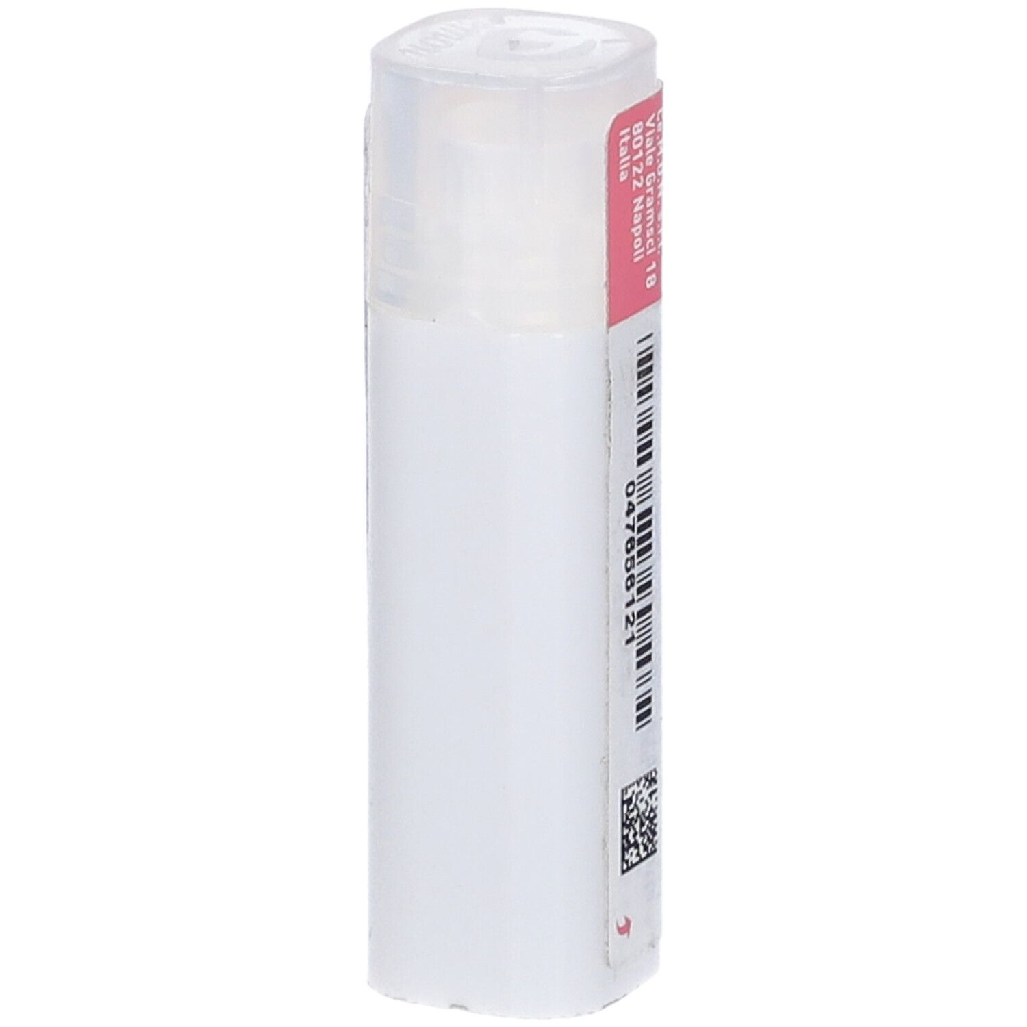 Flacone cilindrico bianco con etichetta rosa. Codice a barre e testo. Sopra bianco. Scritta: 047656121.