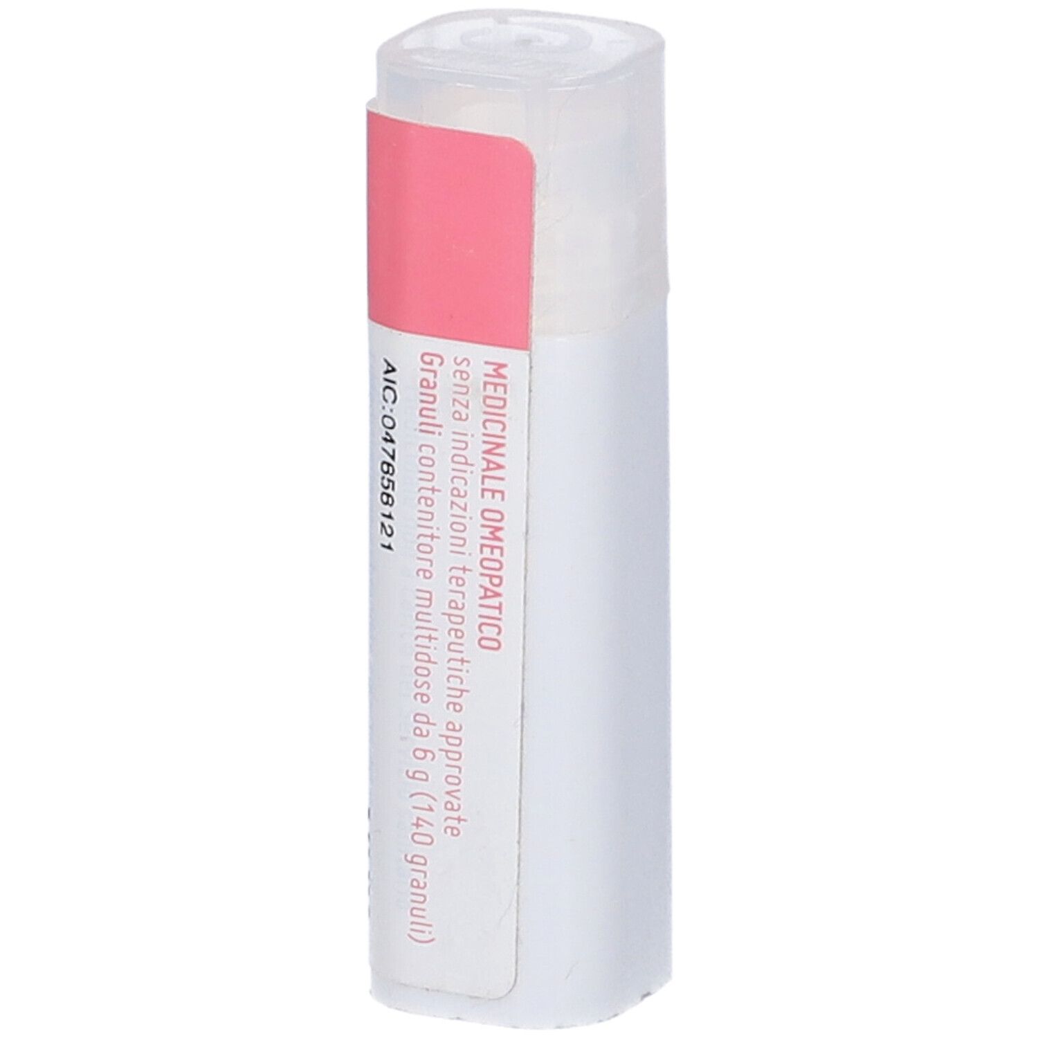 Flacone bianco con etichetta rosa. Testo: Medicinale omeopatico. Scritta: 047656121. Sopra bianco.