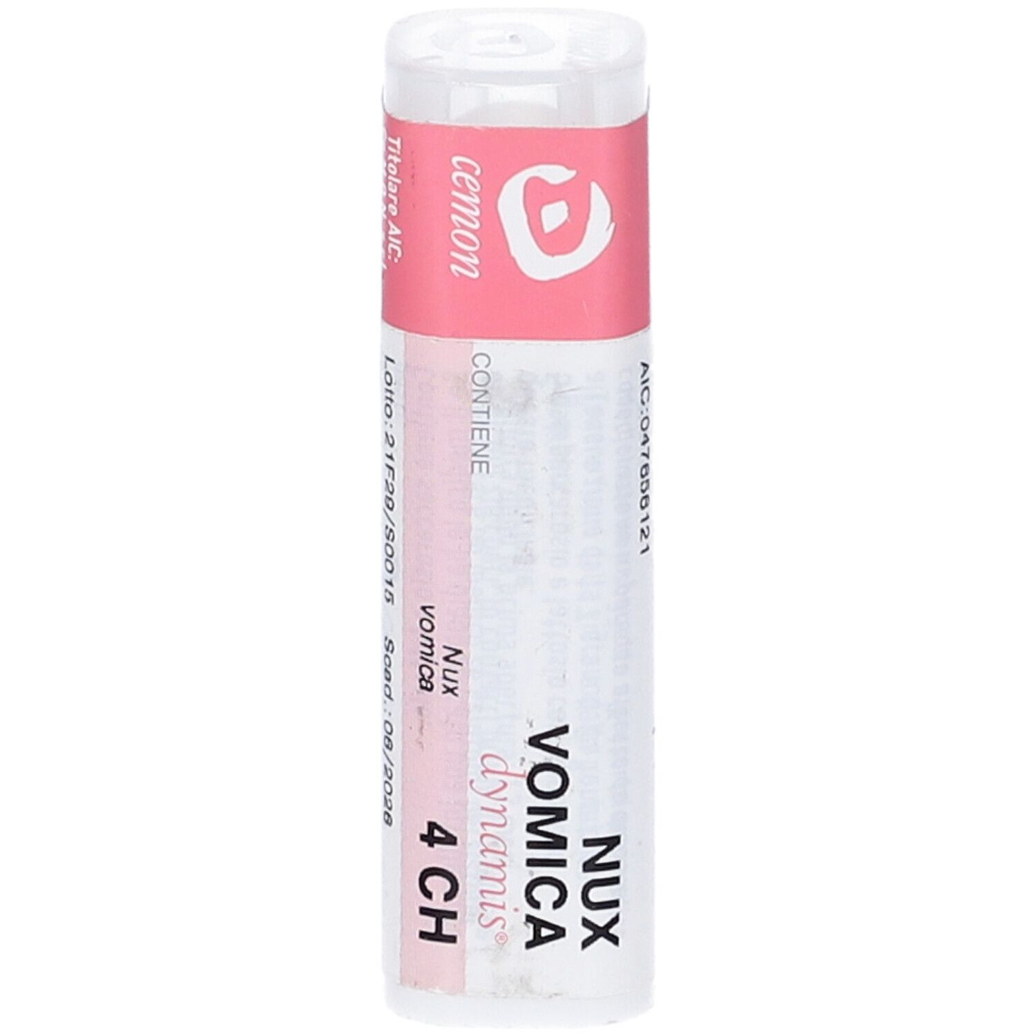 Flacone bianco con etichetta rosa. Scritte: Nux Vomica dynamis 4 CH. Testo: cemon. Sopra bianco.