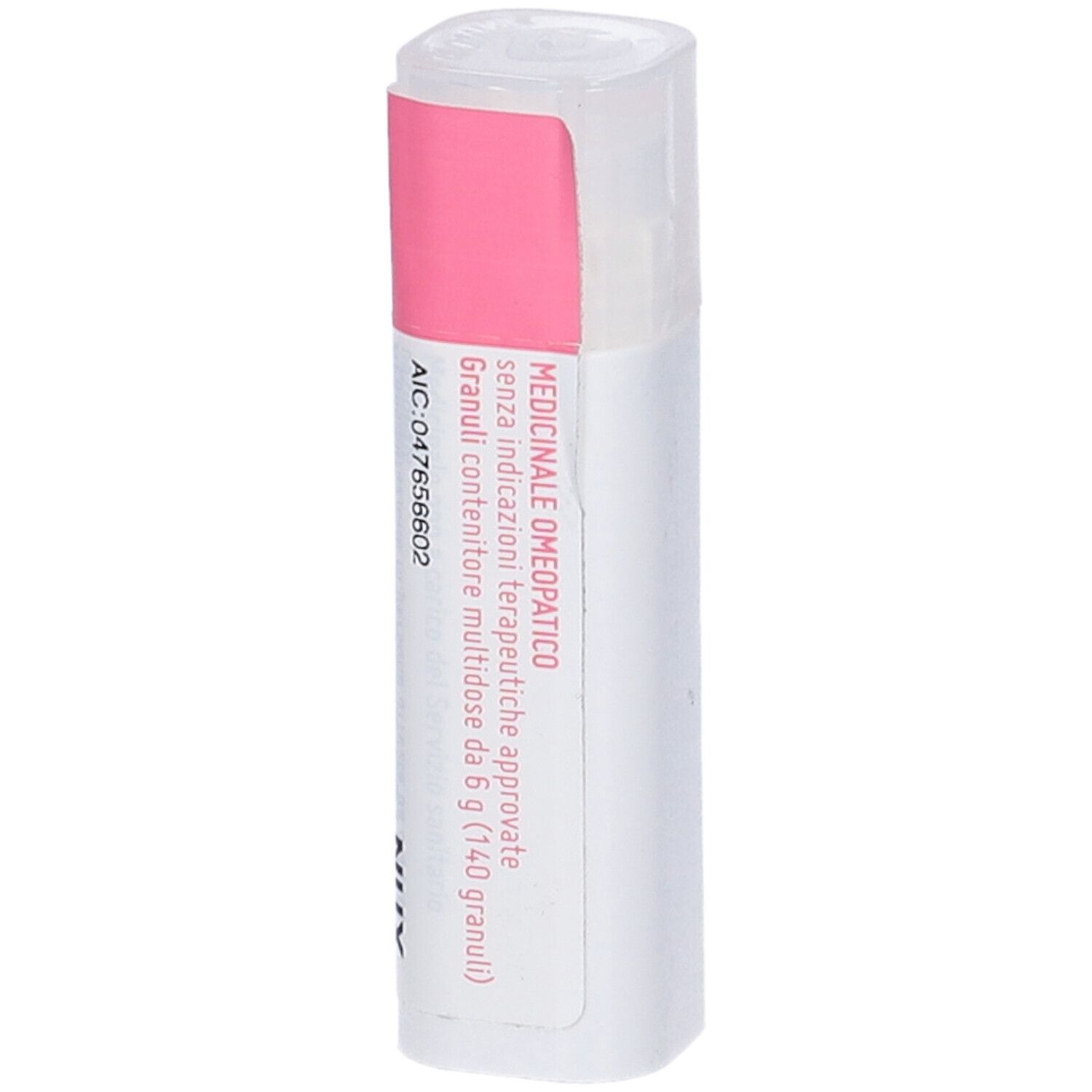 Confezione cilindrica con etichetta rosa e bianca. Scritta: Medicinale omeopatico, 047656602.