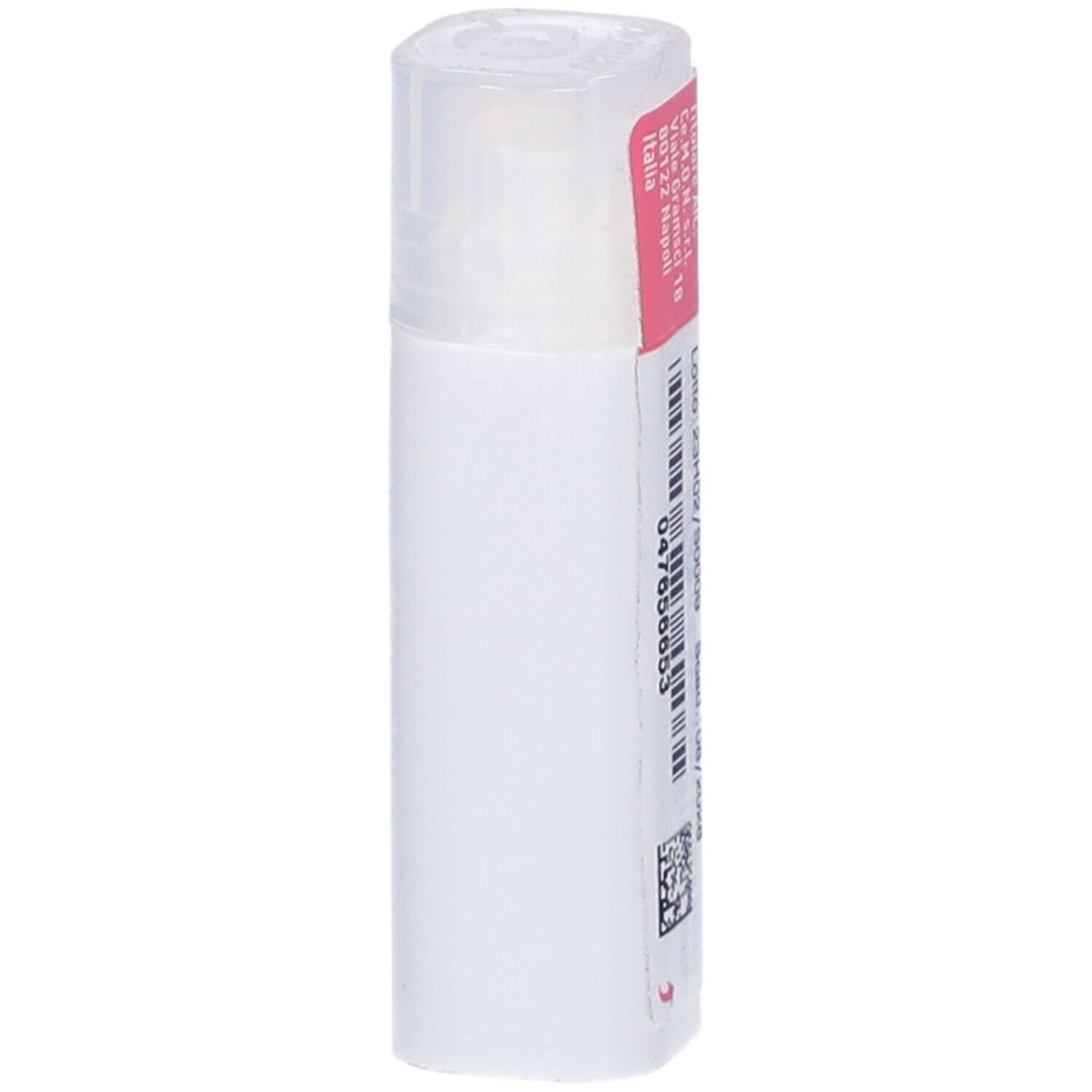 Flacone cilindrico bianco con etichetta rosa. Contiene granuli. Coperchio bianco. Codice a barre e testo.