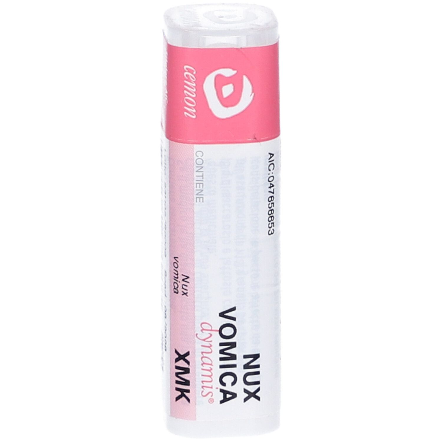 Flacone cilindrico bianco con etichetta rosa. Scritta: Nux Vomica Dynamis XMK. Contiene granuli. Coperchio bianco.
