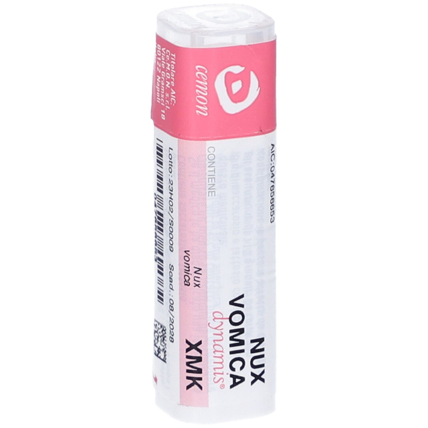 Flacone cilindrico bianco con etichetta rosa. Scritta: Nux Vomica Dynamis XMK. Contiene granuli. Coperchio bianco. Codice a barre.