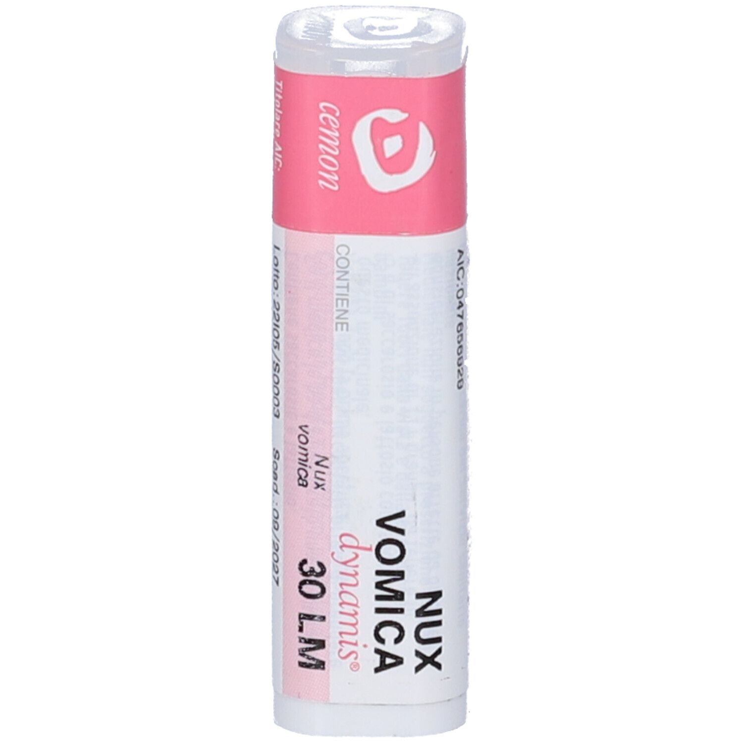 Flacone bianco con fascia rosa. Scritte: Nux Vomica dynamis 30 LM. Dettagli.