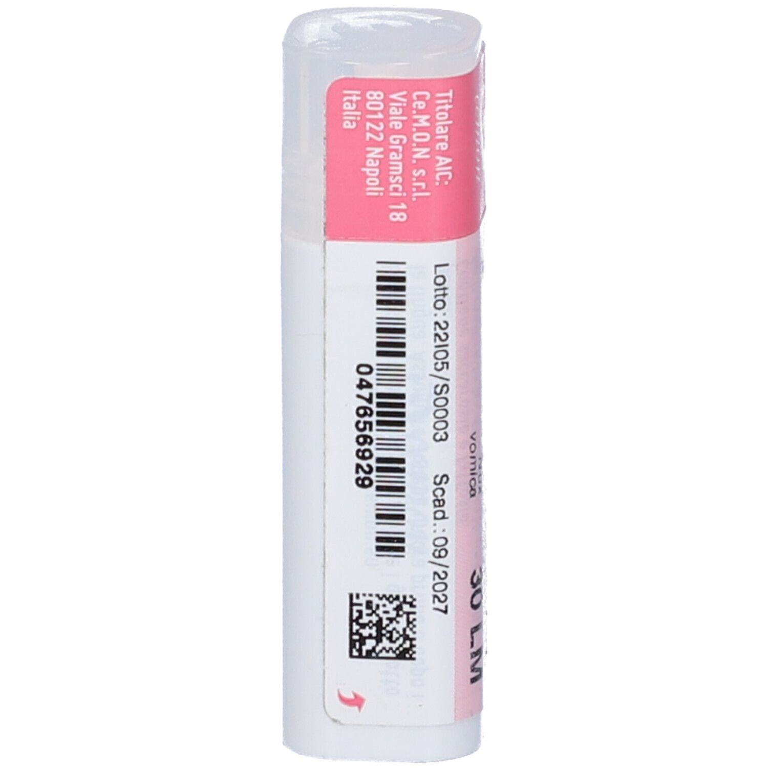 Flacone bianco con fascia rosa. Codice a barre e testo. Scritte: 30 LM, Scad: 09/2027.