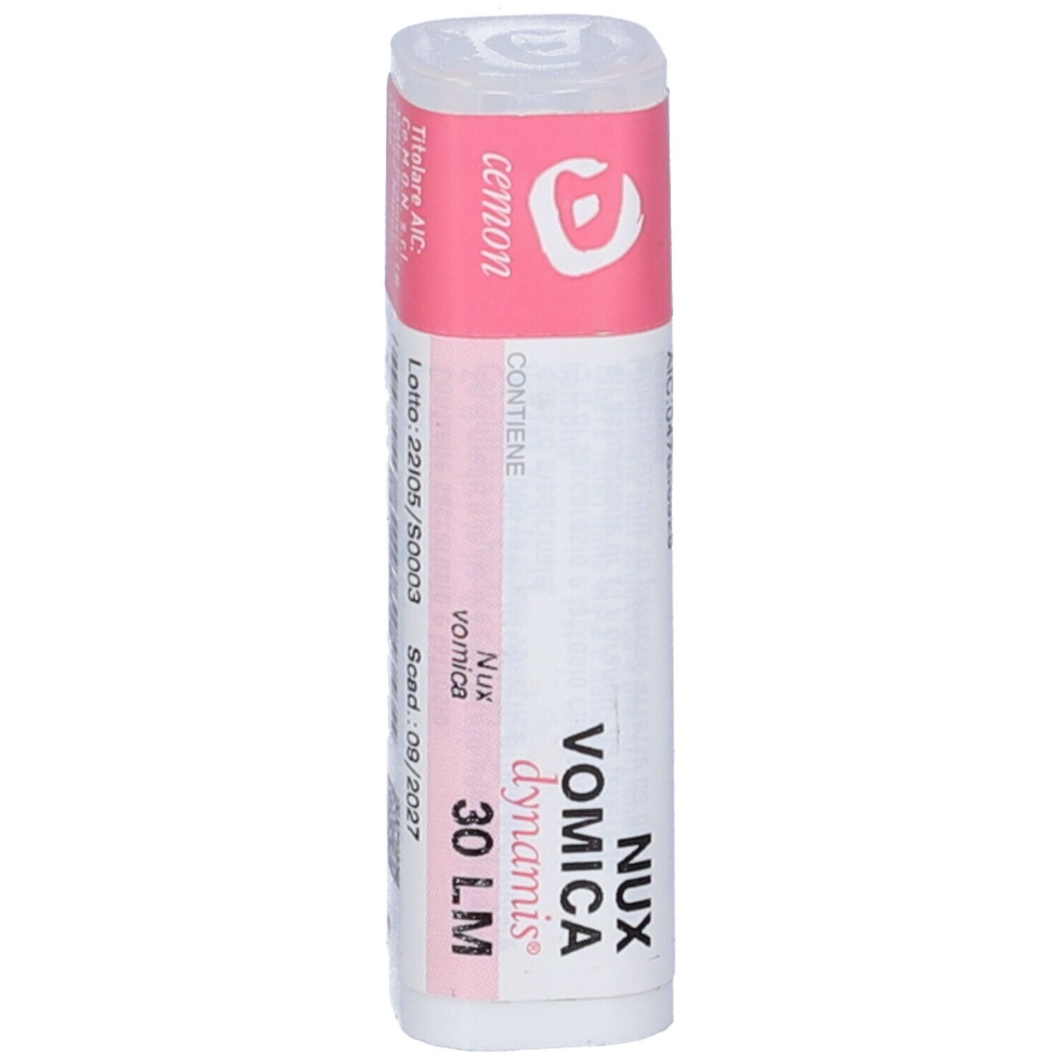 Flacone bianco con fascia rosa. Scritte: Nux Vomica dynamis 30 LM. Dettagli.