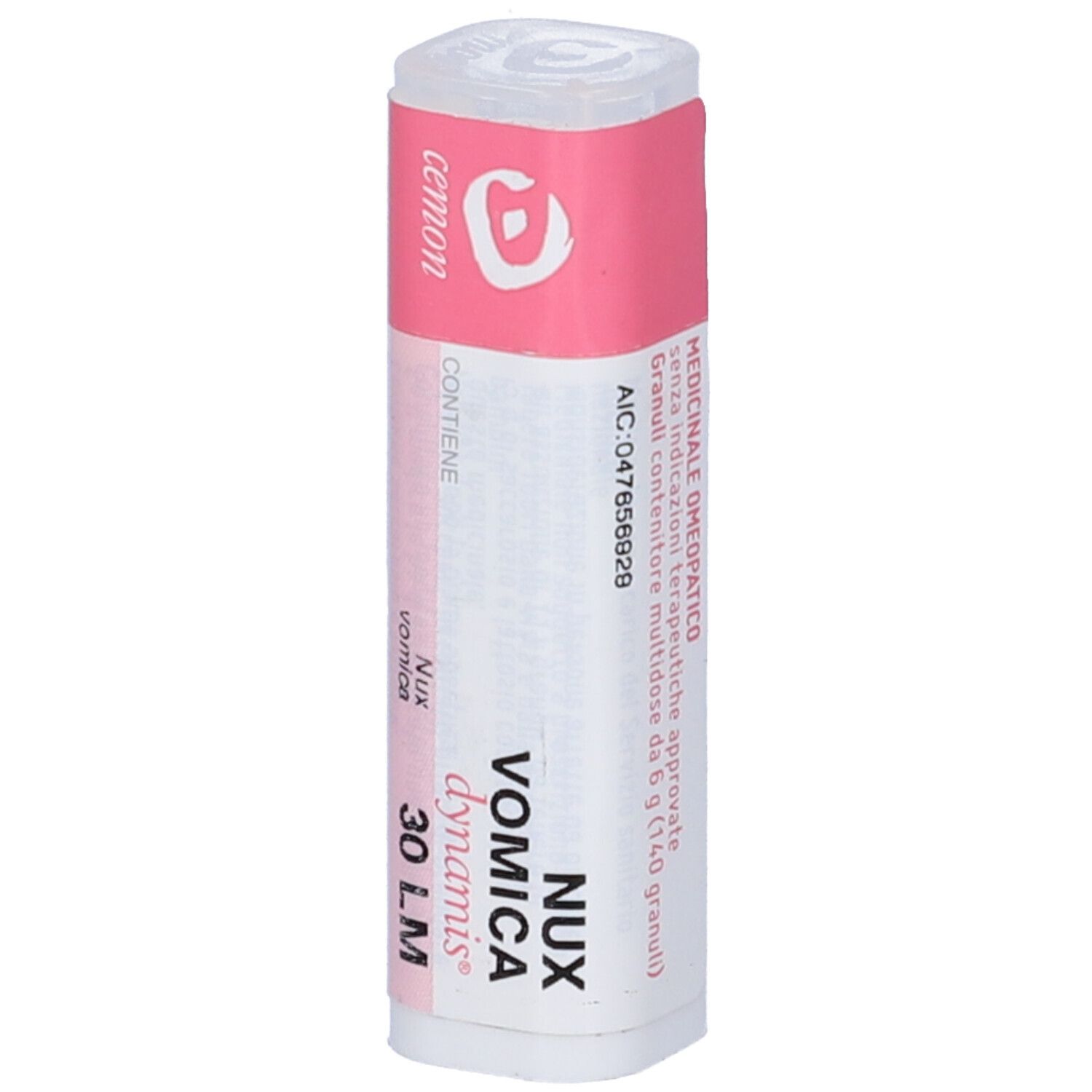 Flacone bianco con fascia rosa. Scritte: Nux Vomica dynamis 30 LM. Dettagli.