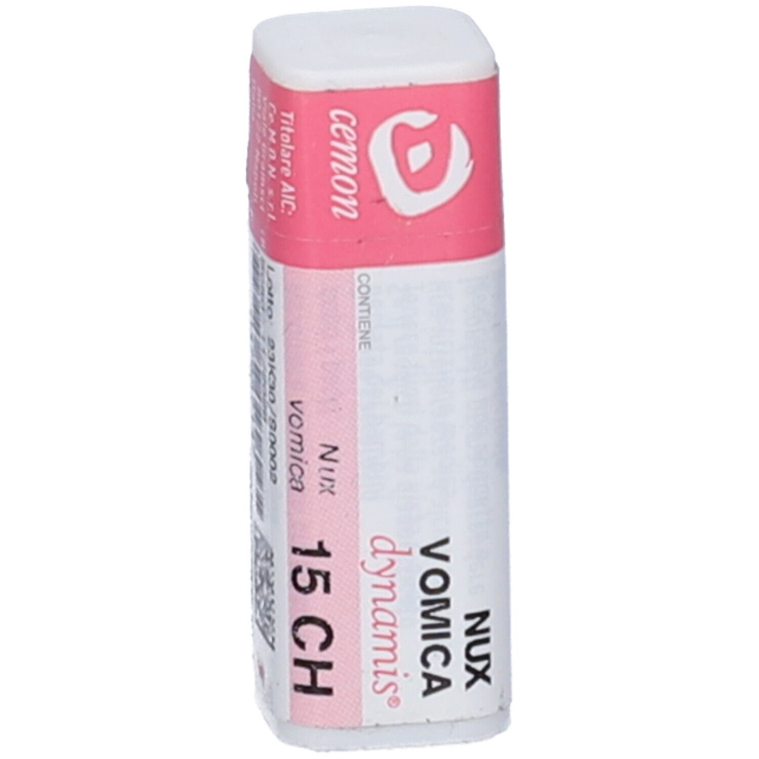 Flacone cilindrico con etichetta rosa e bianca. Scritta: Nux Vomica Dynamis 15 CH, cemom.