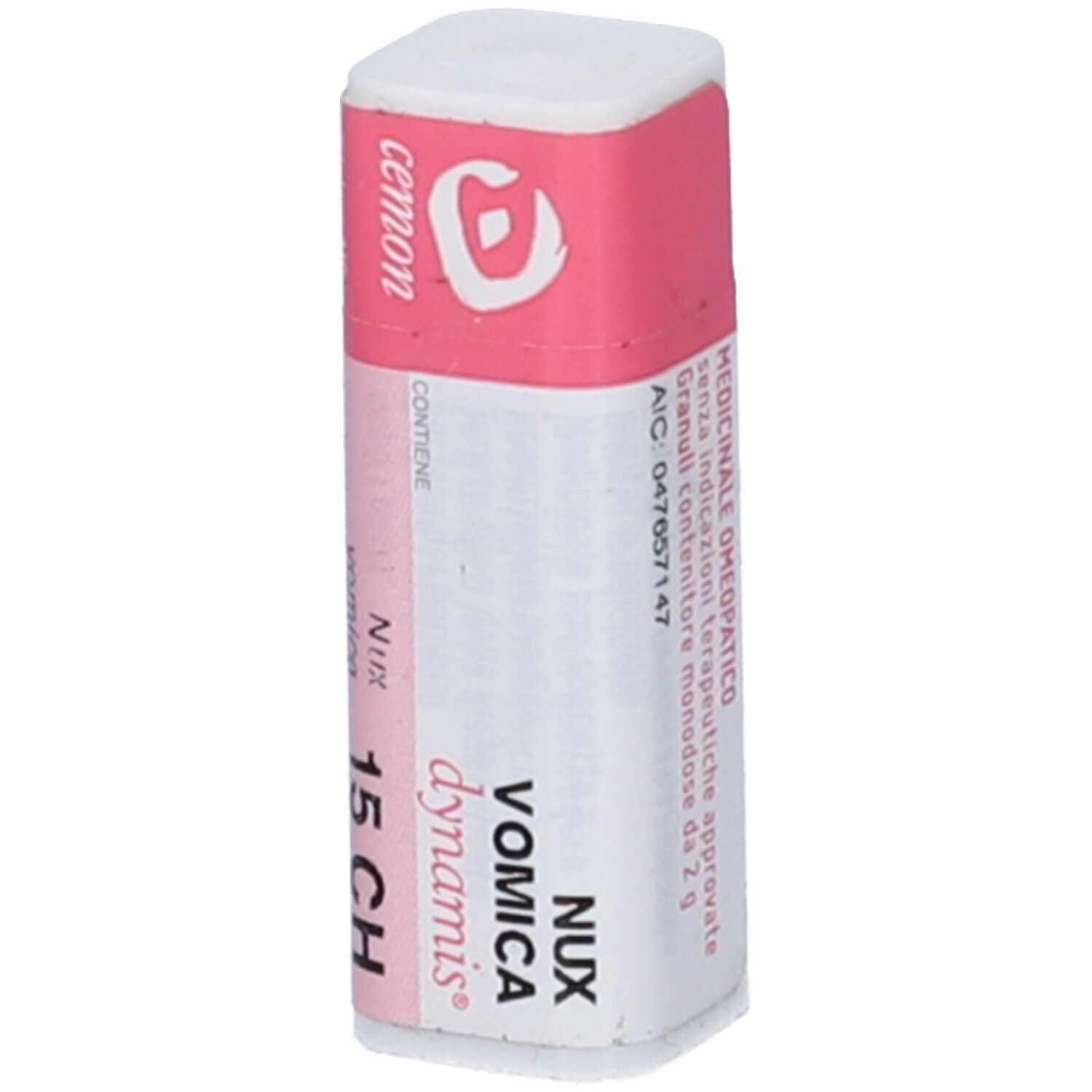 Flacone cilindrico con etichetta rosa e bianca. Scritta: Nux Vomica Dynamis 15 CH, cemom.