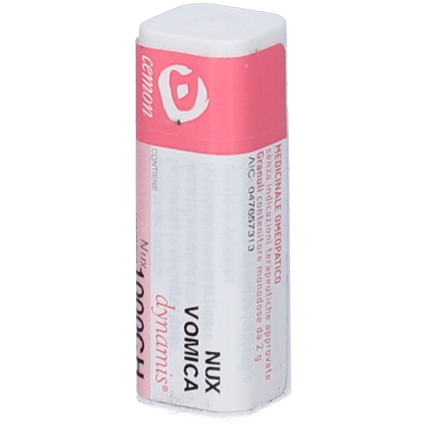 Contenitore bianco con etichetta rosa. Testo: Nux Vomica 1000CH. Informazioni aggiuntive e logo.