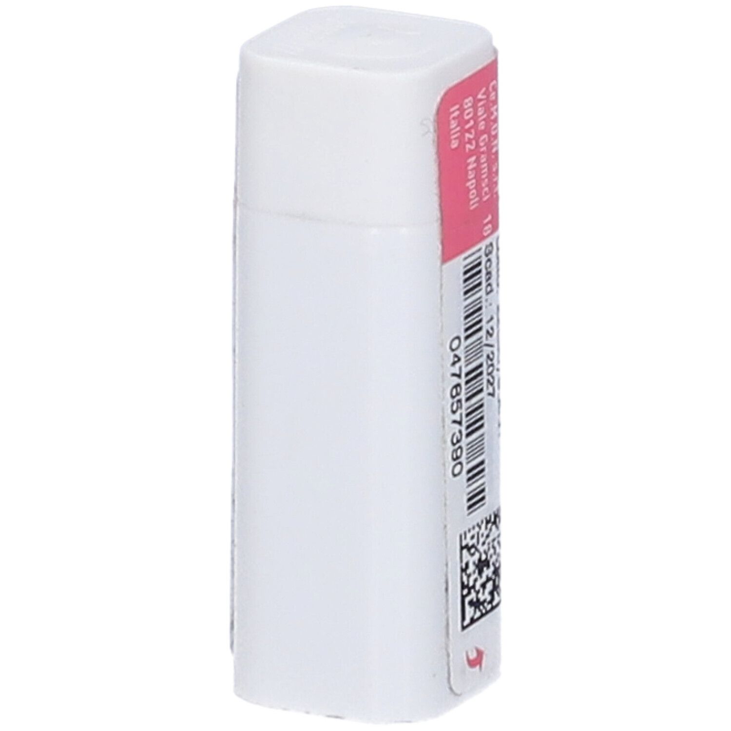 Confezione cilindrica, prevalentemente bianca. Striscia rosa con testo e codice a barre. Testo: Nux Vomica Dynamis.