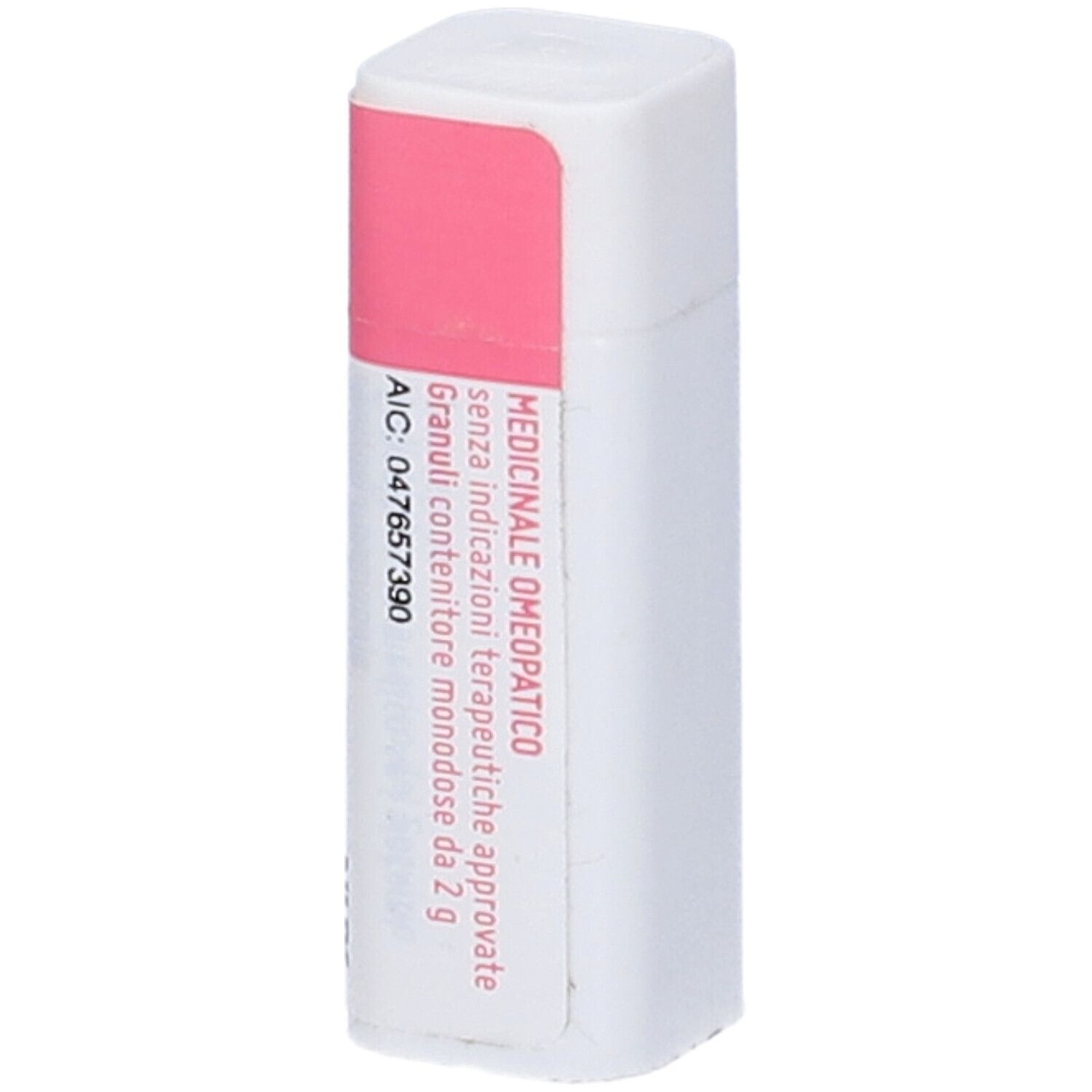 Confezione cilindrica, prevalentemente bianca. Striscia rosa con testo. Testo: Nux Vomica Dynamis, Medicinali.