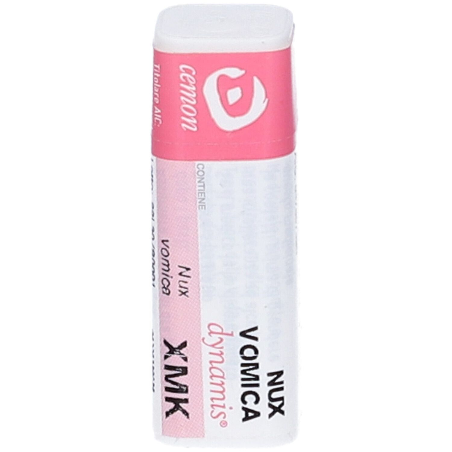 Confezione cilindrica con testo rosa e bianco. Testo: Nux Vomica Dynamis XMK, Cemon.