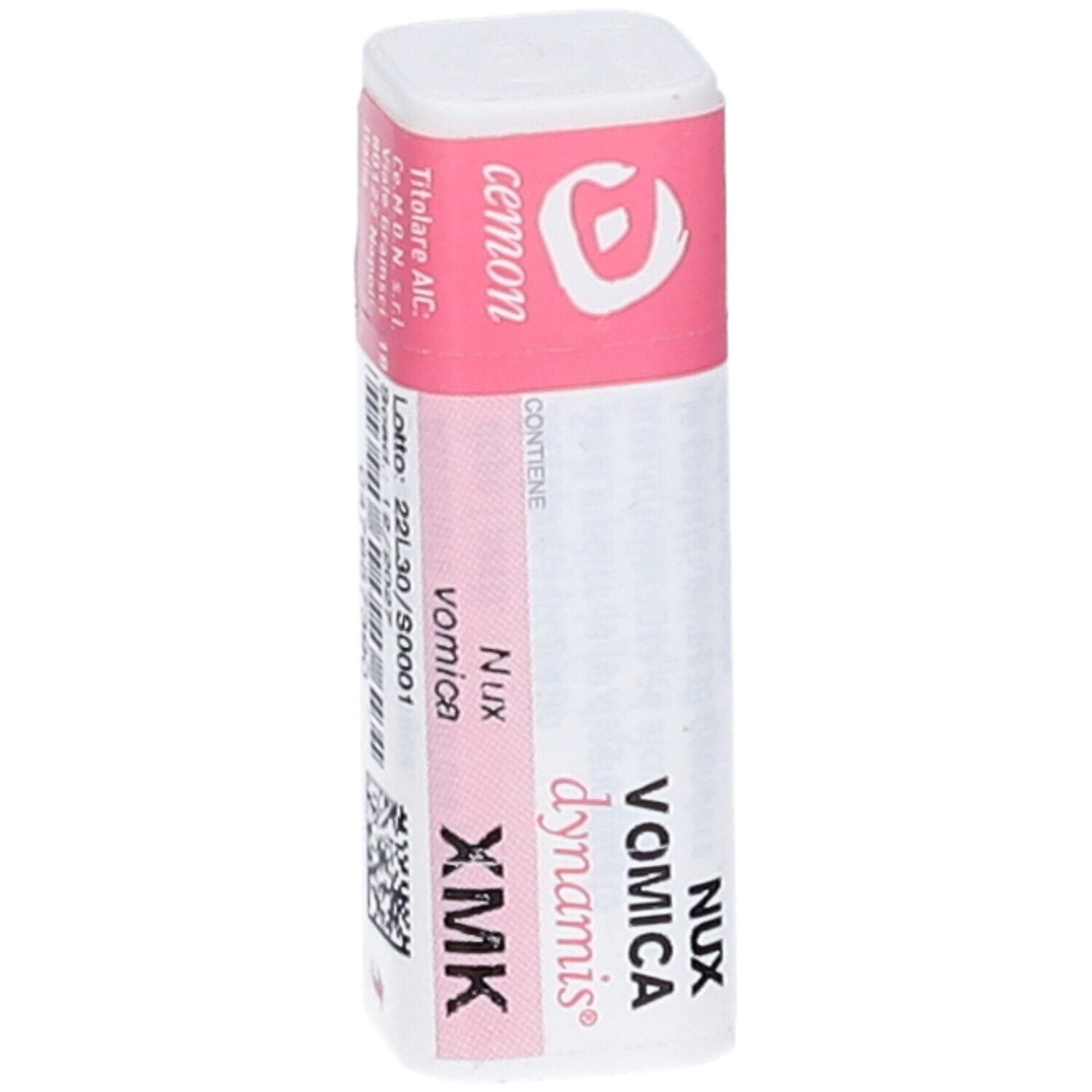 Confezione cilindrica con testo rosa e bianco. Testo: Nux Vomica Dynamis XMK, Cemon, codice a barre.
