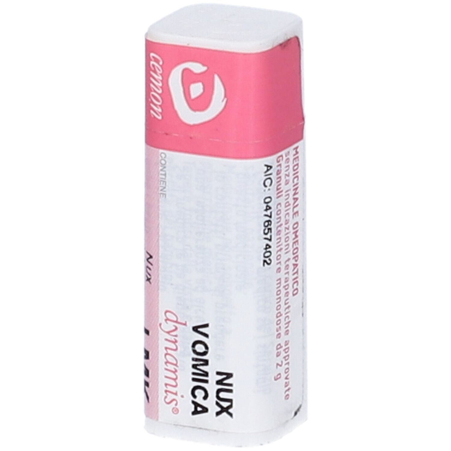 Confezione rettangolare bianca con coperchio rosa. Scritte: cemon, Nux Vomica, dynamis. Testo in italiano.