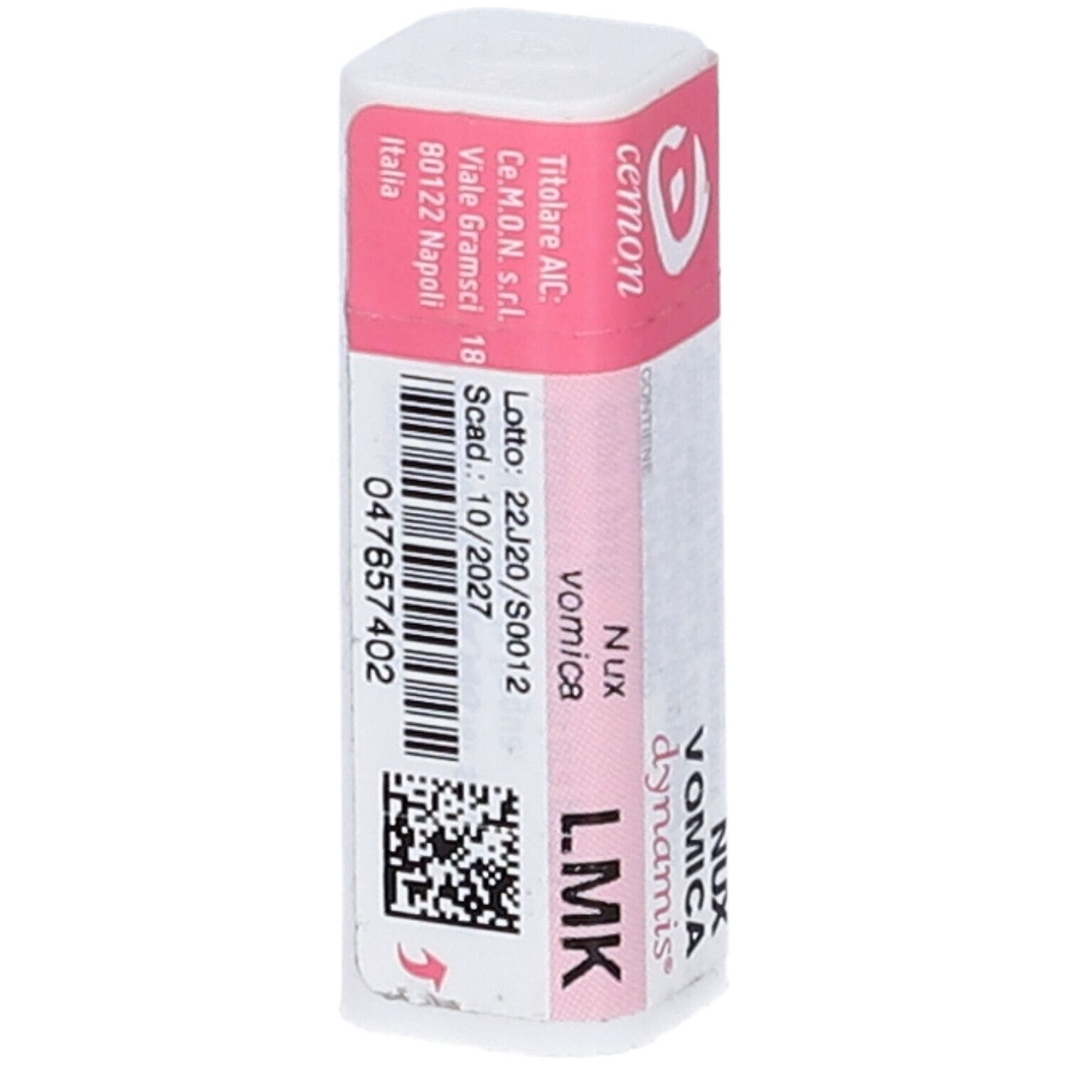 Confezione bianca rettangolare con coperchio rosa. Scritte: cemon, Nux Vomica, dynamis, LMK. Testo in italiano.