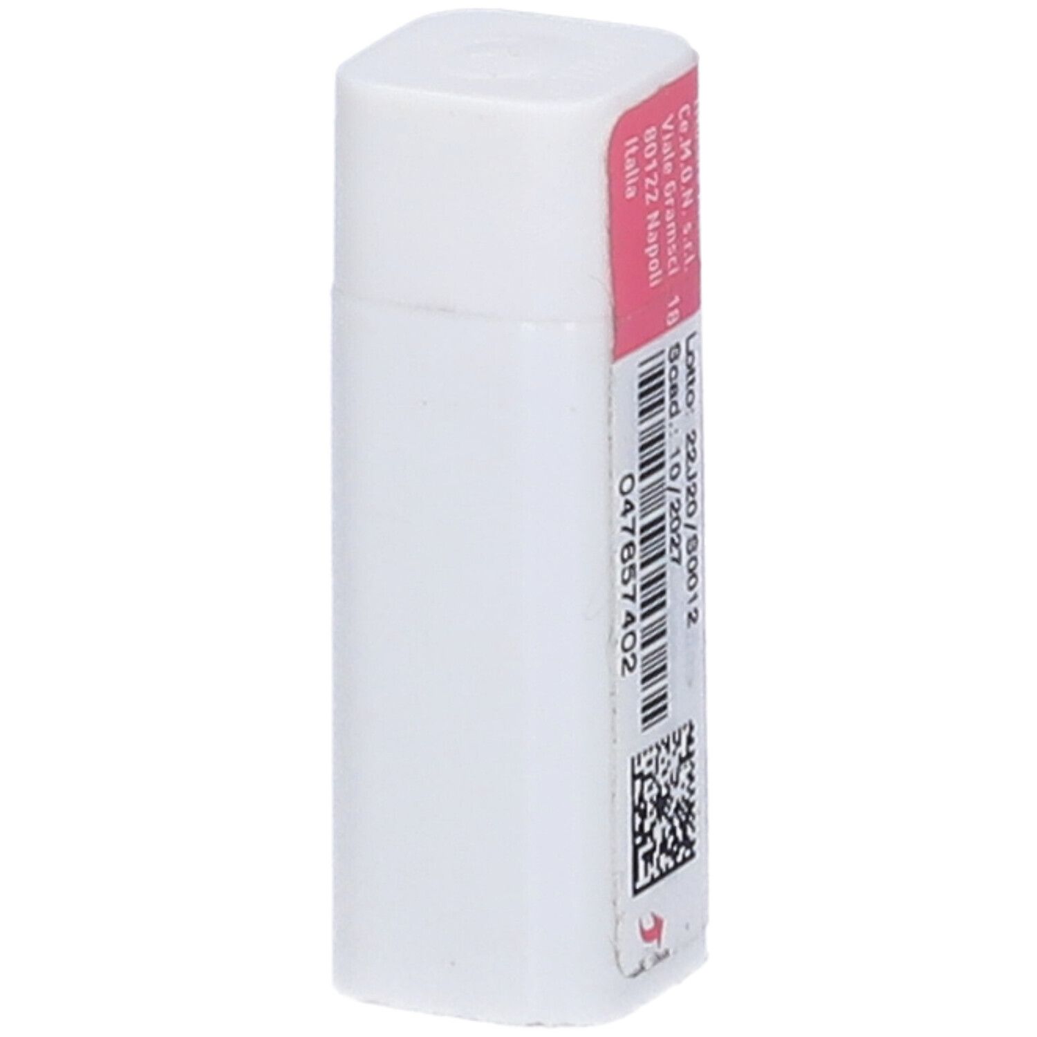 Confezione bianca rettangolare con etichetta rosa. Etichetta con testo e codice a barre. Testo in italiano.