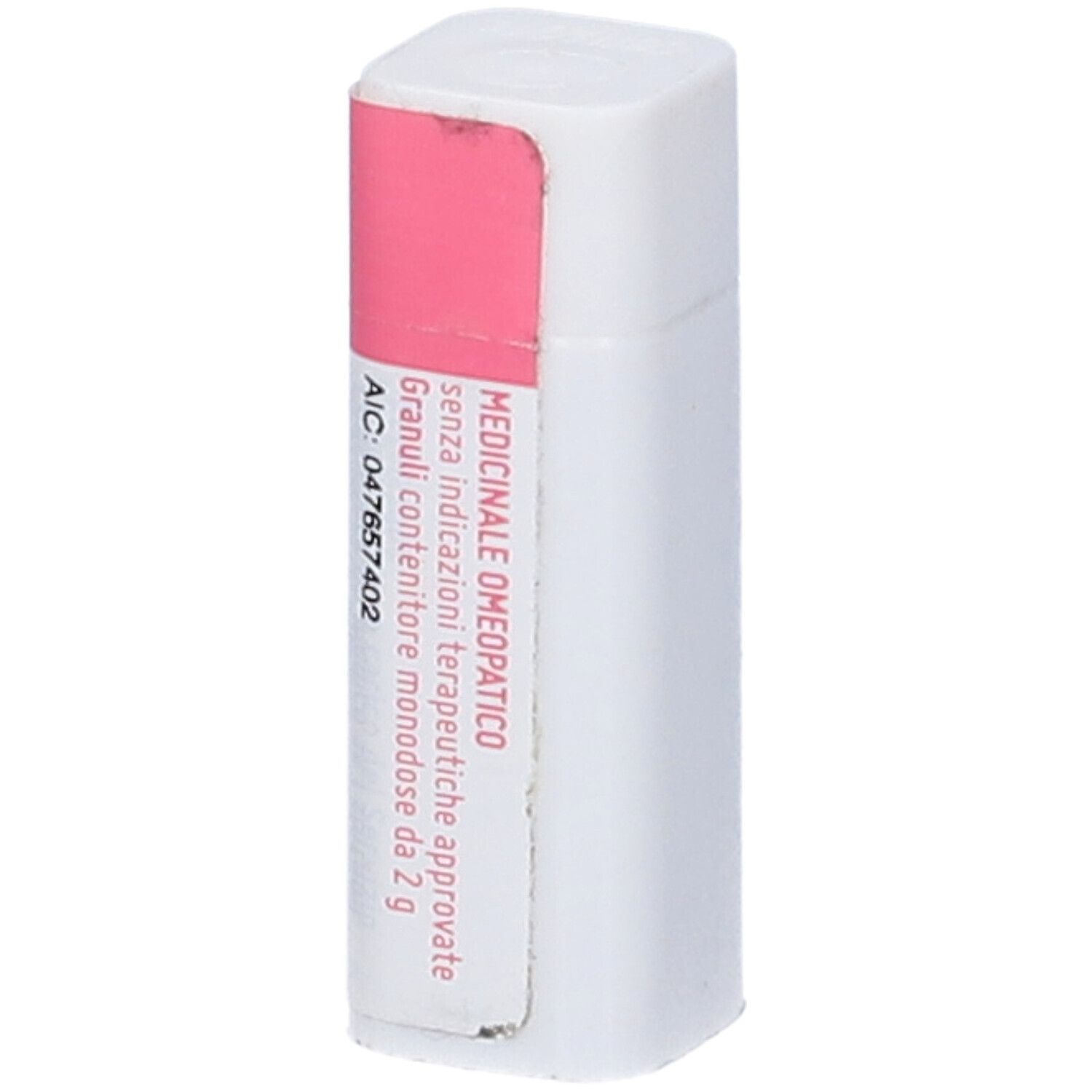 Confezione bianca rettangolare con etichetta rosa. Etichetta con testo e codice a barre. Testo in italiano.