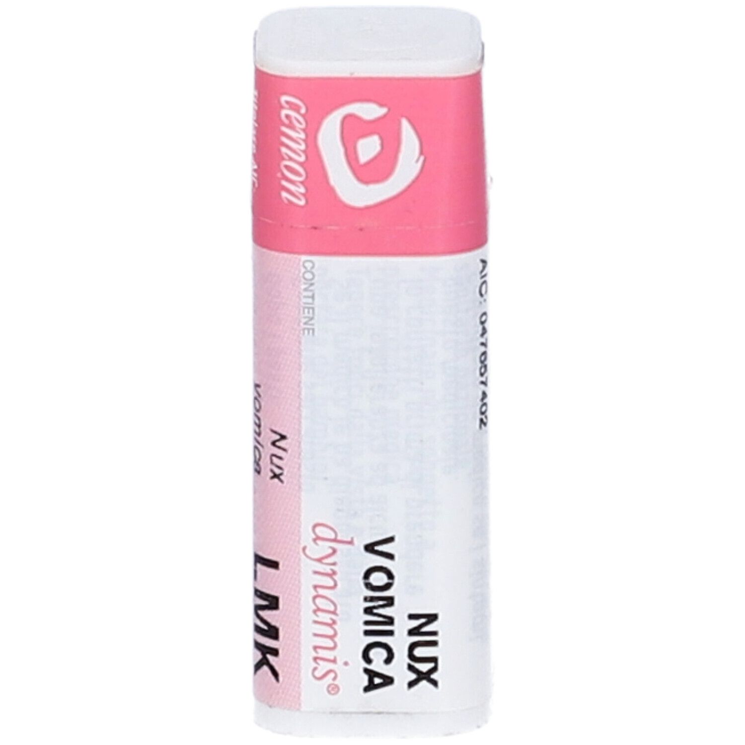 Confezione bianca rettangolare con coperchio rosa. Scritte: cemon, Nux Vomica, dynamis, LMK. Testo in italiano.